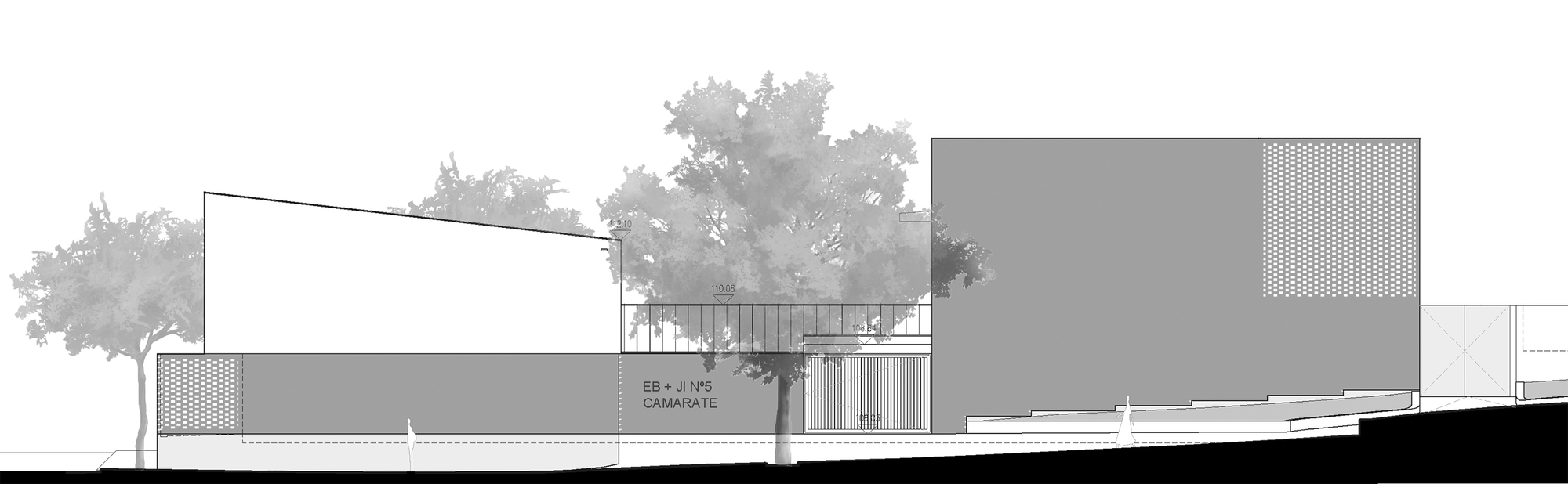 Elevation drawing showing angled roof planes and perforated screen panels with mature trees alongside