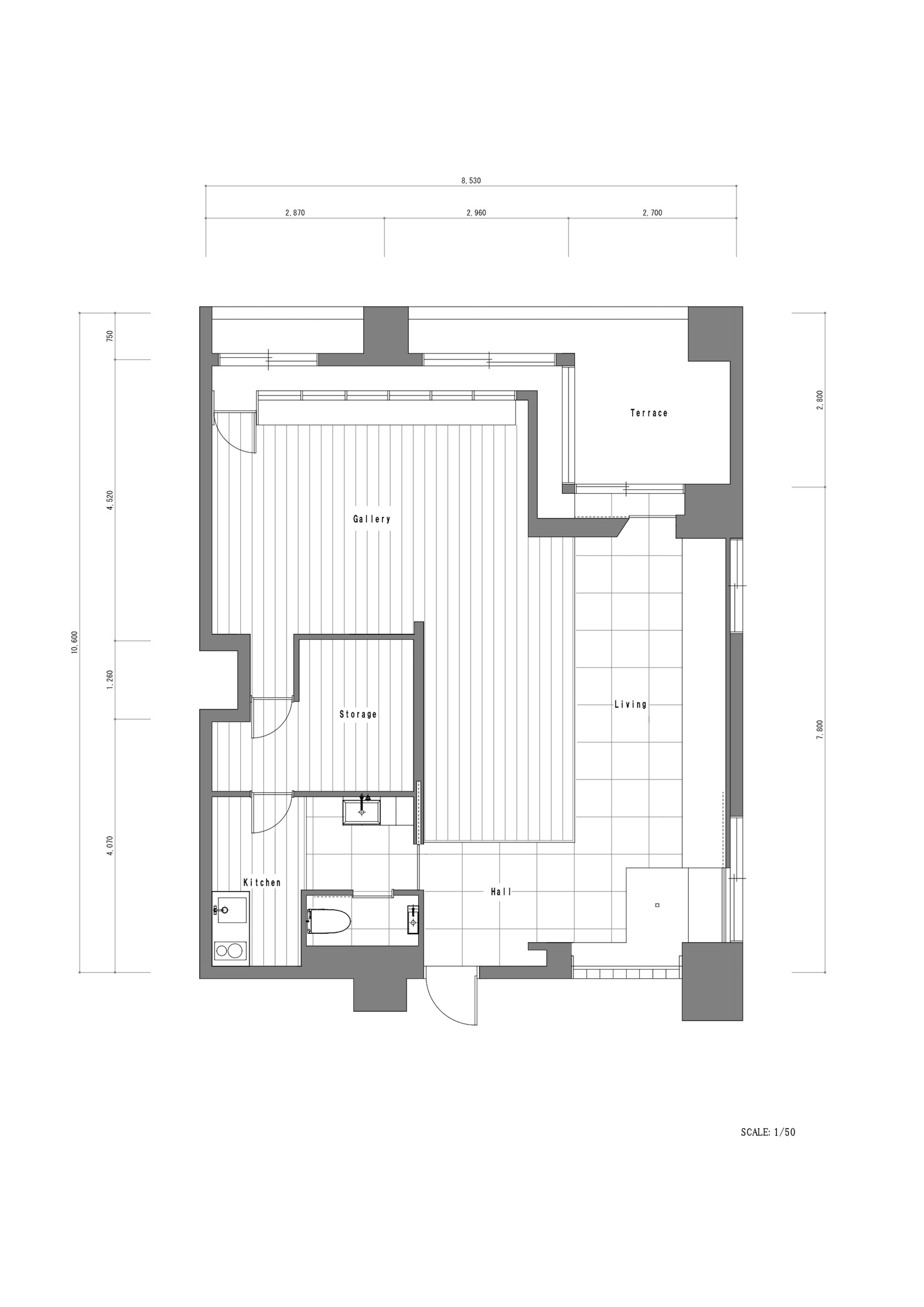 Floor plan drawing showing gallery, living area, terrace, kitchen and bathroom with dimensioned layout