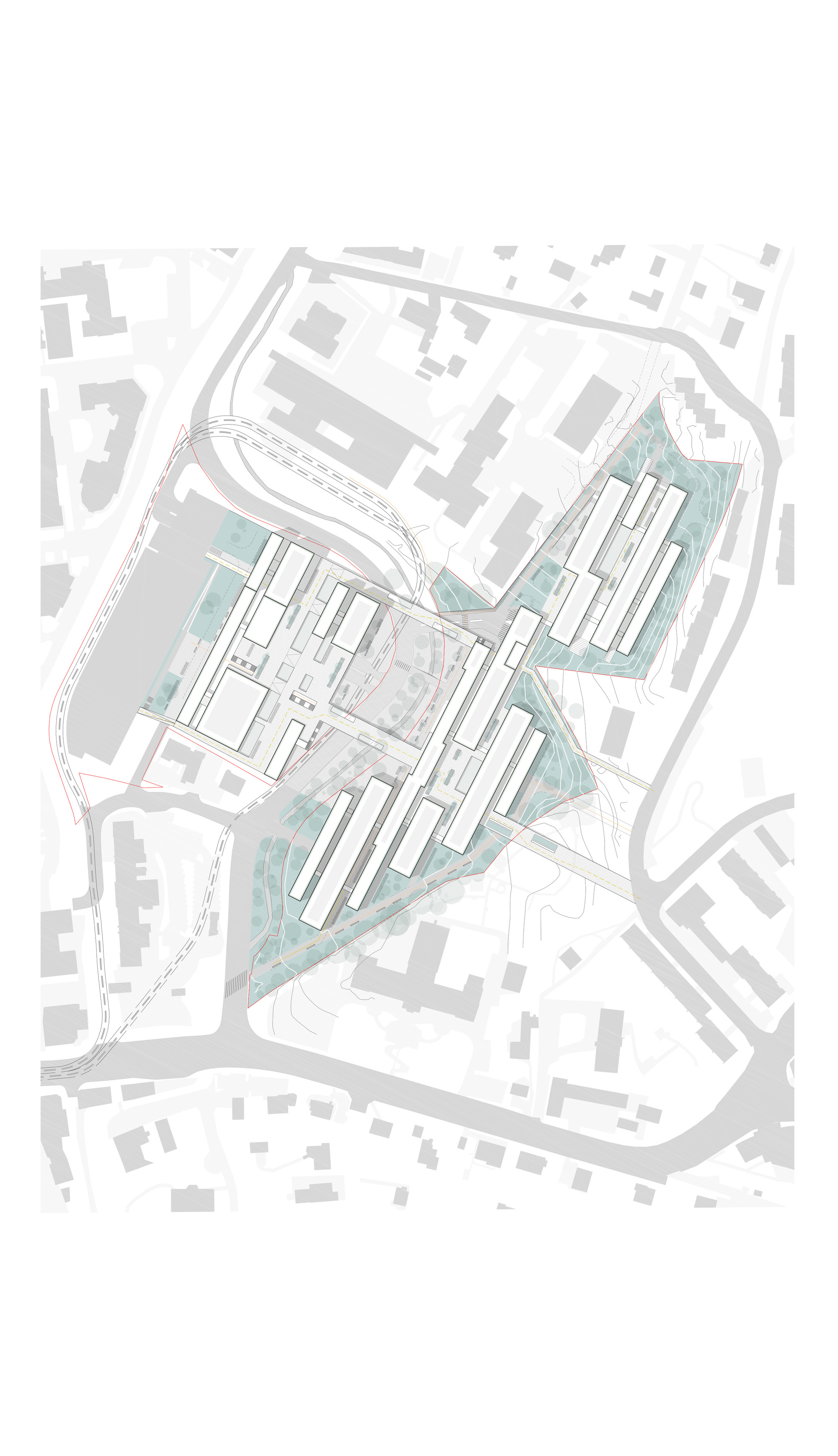 Site plan drawing showing multiple building footprints surrounded by landscaped areas in blue tone