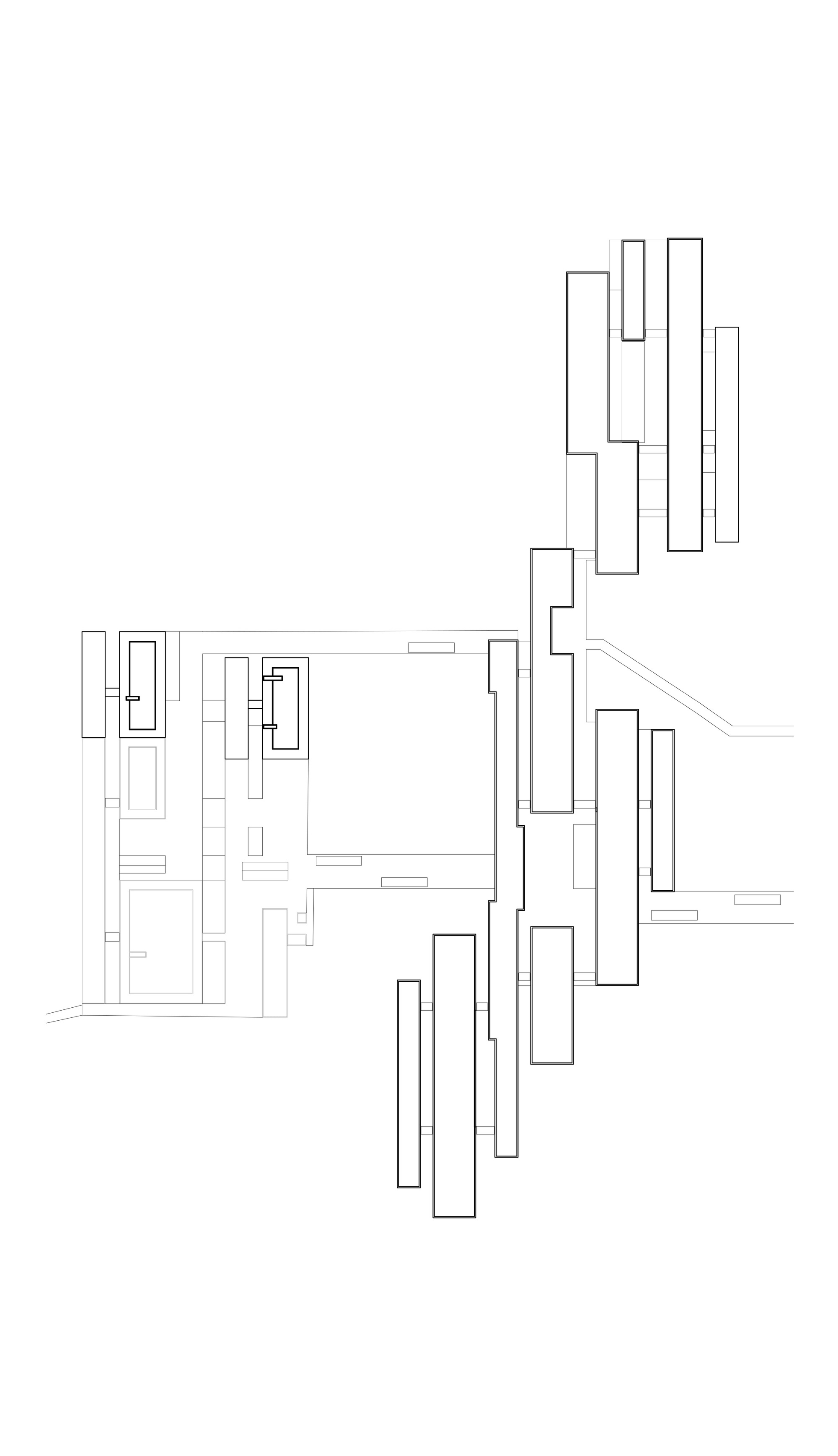 Site plan drawing illustrating building massing with circulation cores visible in the left structures