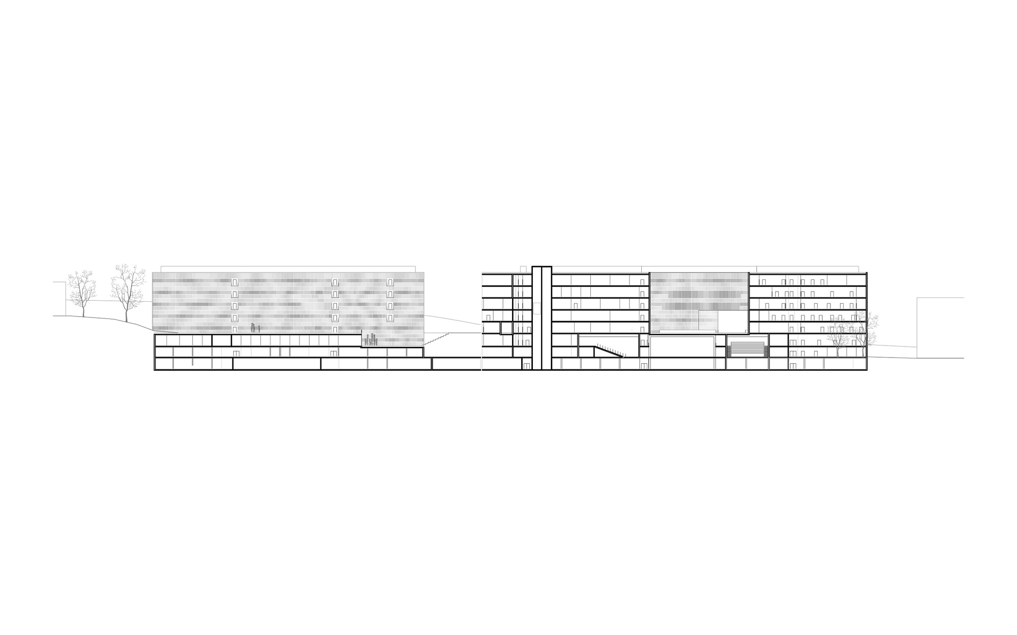 Elevation drawing showing residential volumes with alternating solid and glazed facades flanking a central connector
