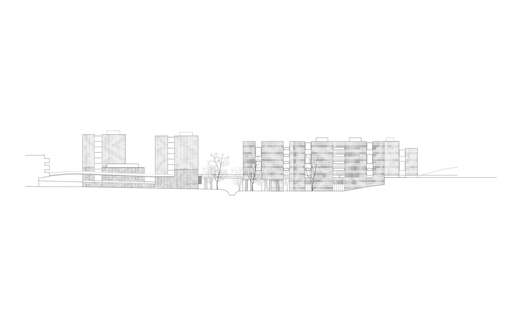 Elevation drawing depicting two tower blocks and a low linking volume with leafless trees between them