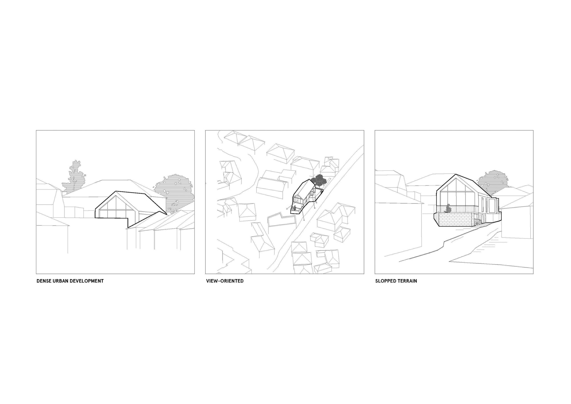 Site diagram showing three contextual scenarios for a gabled-roof volume among neighboring structures and trees