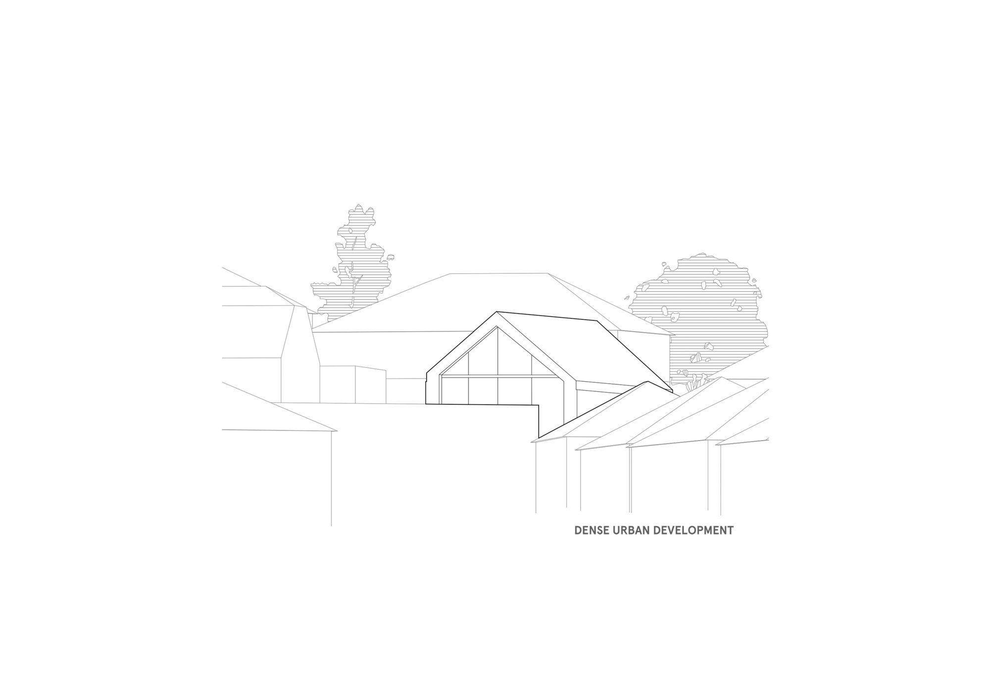 Elevation drawing showing a gabled-roof residence with glazed front and adjacent lower volumes among trees