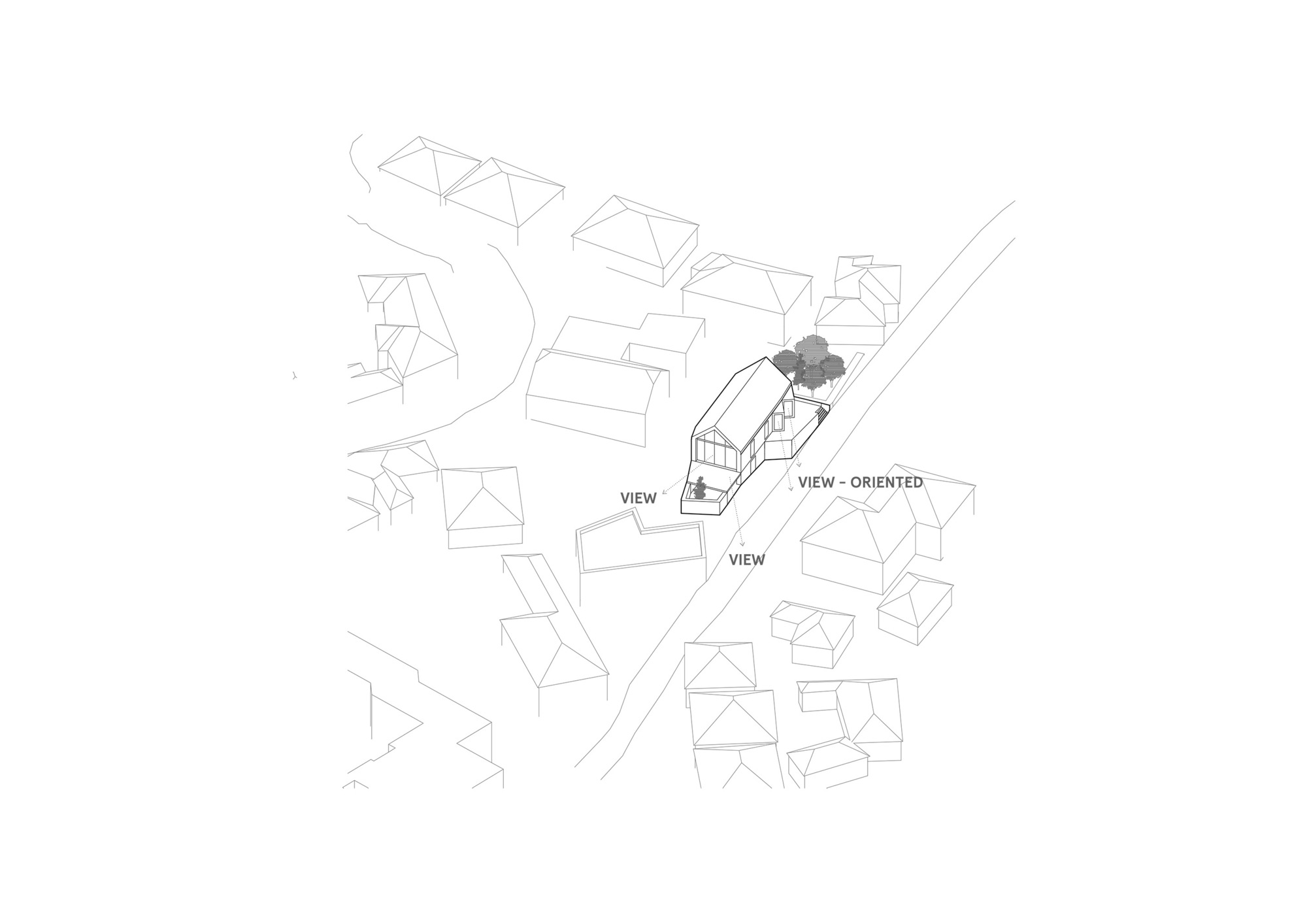 Axonometric site plan showing a highlighted residence on a curving street among neighboring buildings