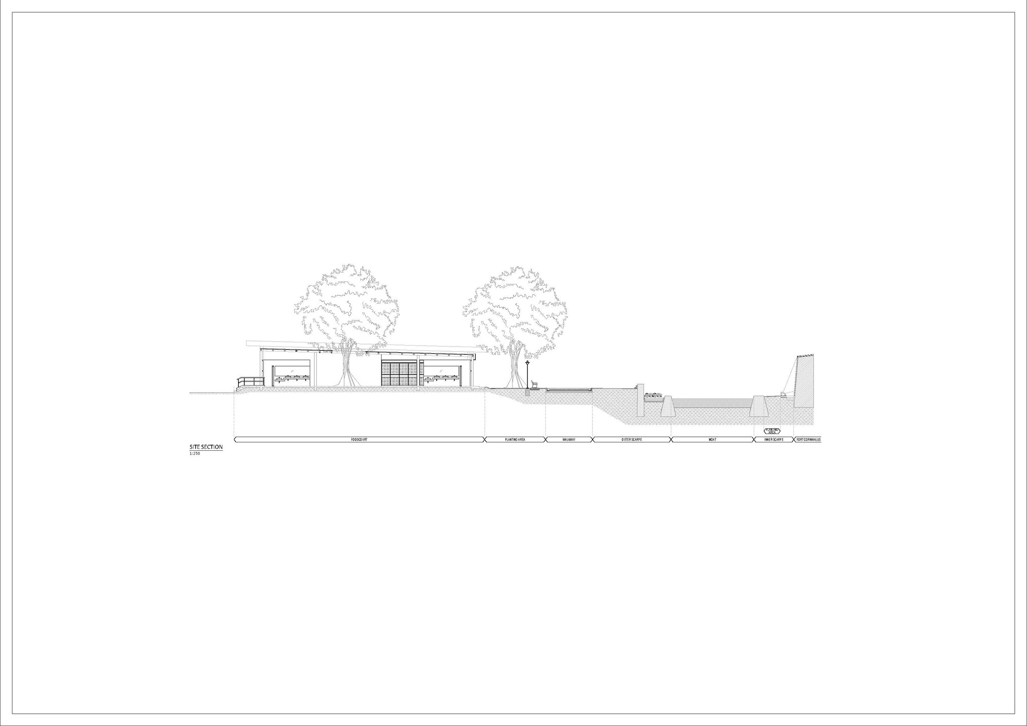 Elevation drawing depicting the low horizontal building profile with two trees flanking the perforated brick facade