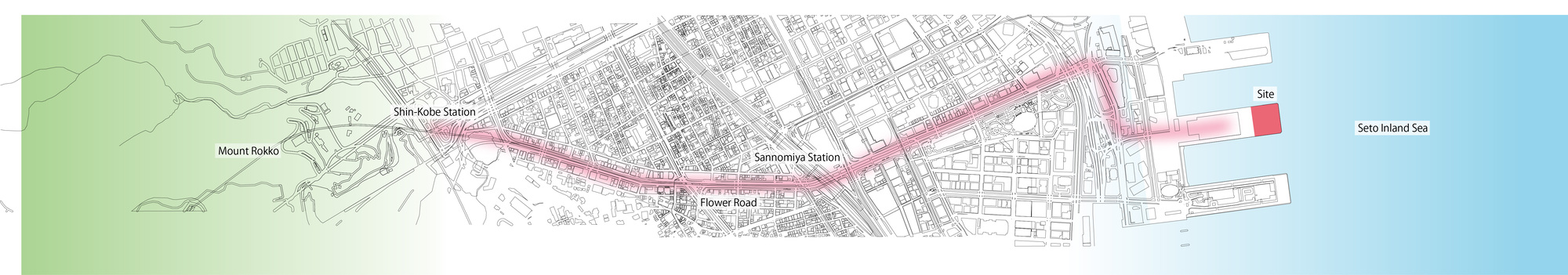 Site plan drawing showing a linear coastal route connecting inland area to waterfront with highlighted zones