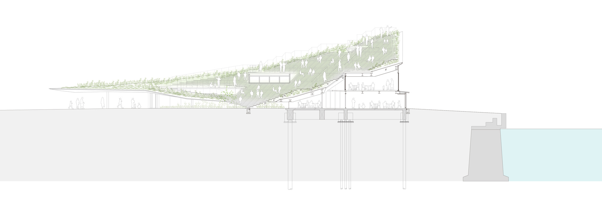 Section drawing showing planted green roof cascading over terraced levels above columned base