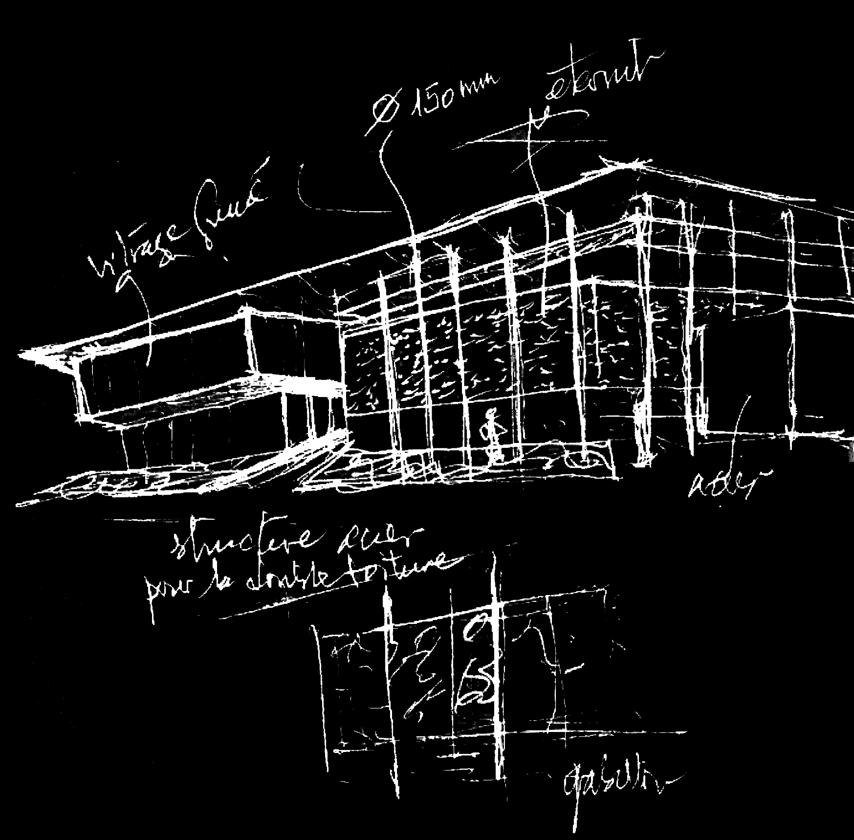 Sketch drawing showing a timber frame structure with annotated notes and detailing ideas
