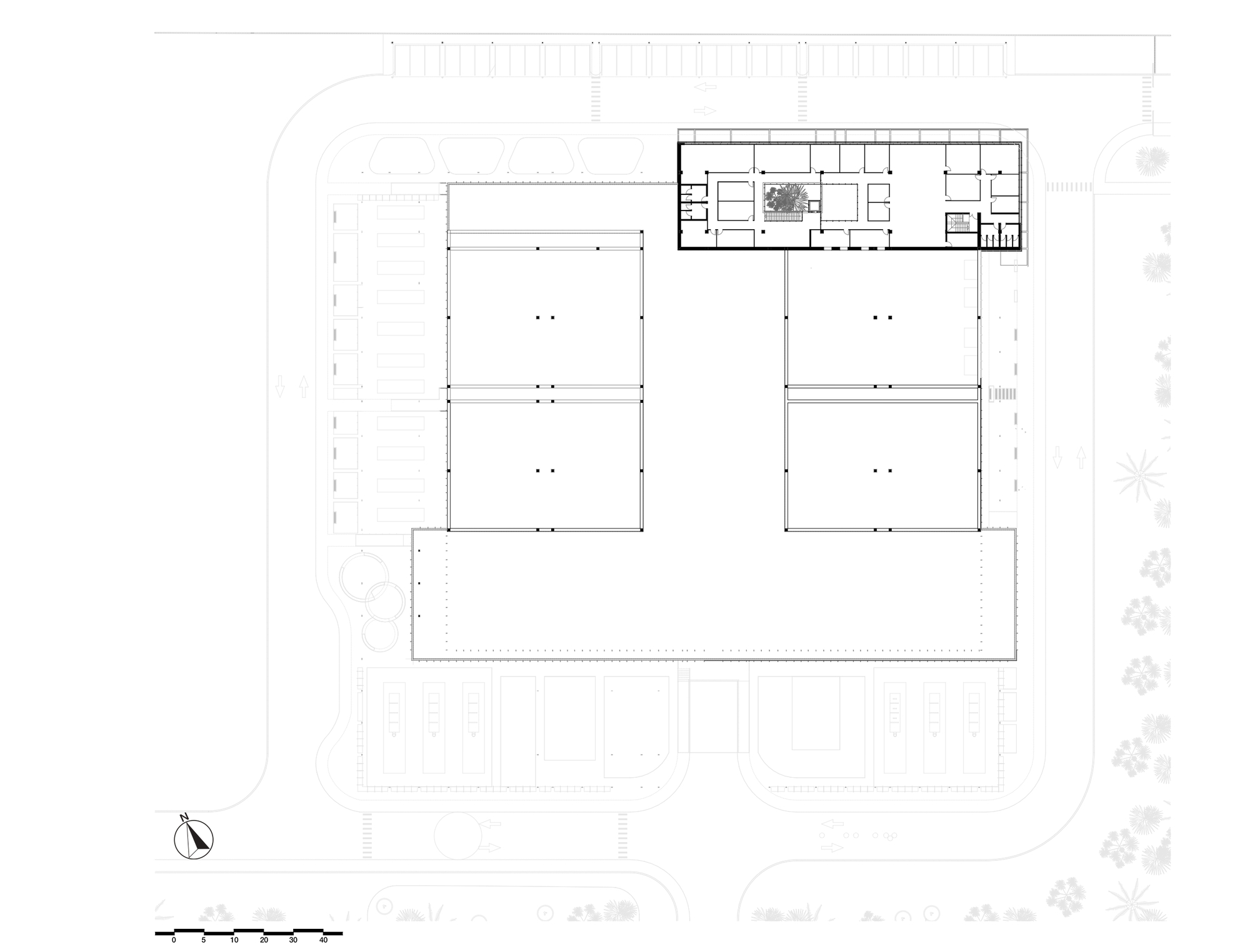 Upper floor plan drawing showing large open rooms arranged around a central outdoor terrace