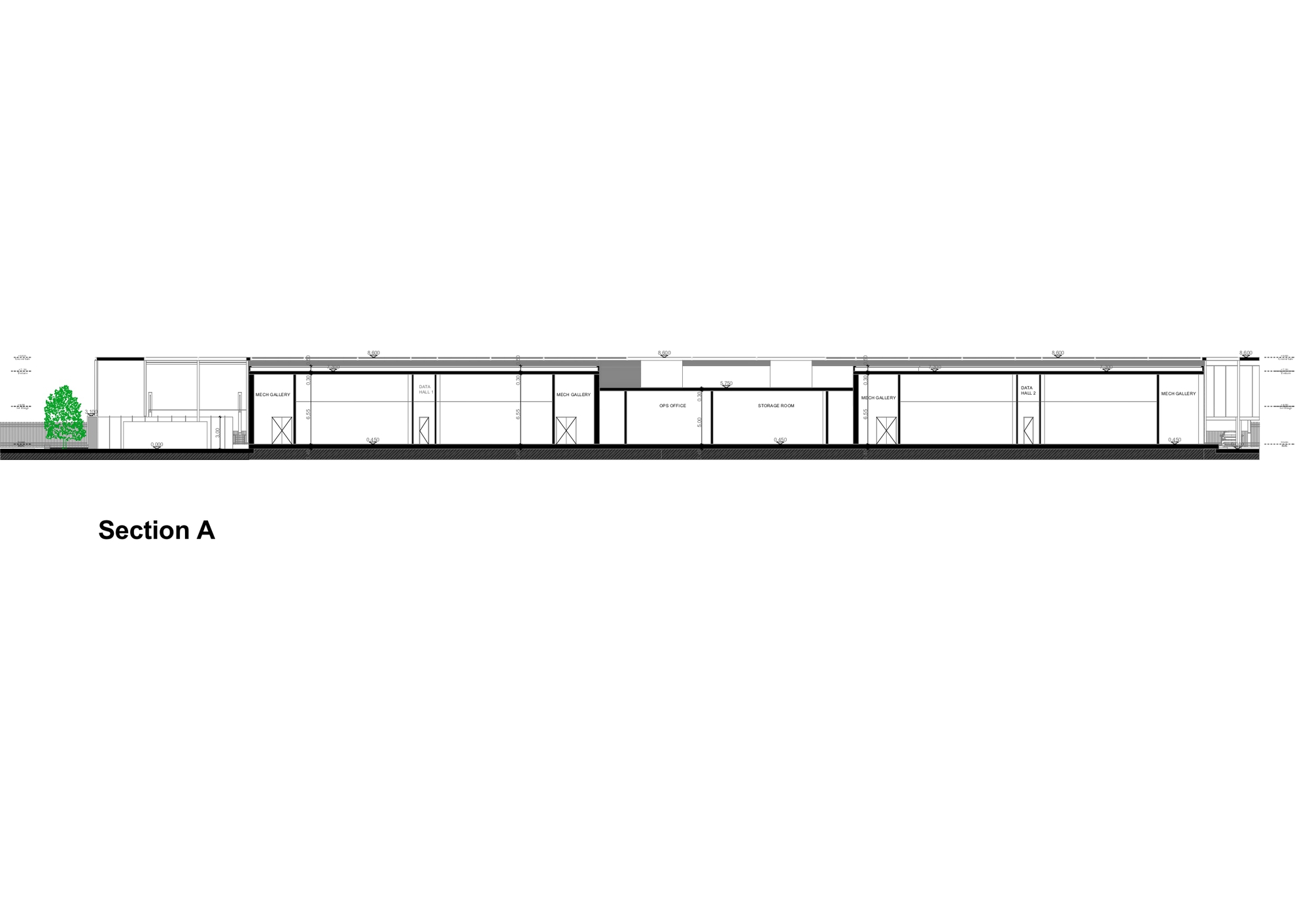 Section drawing showing interior room heights and roof line with a tree at left