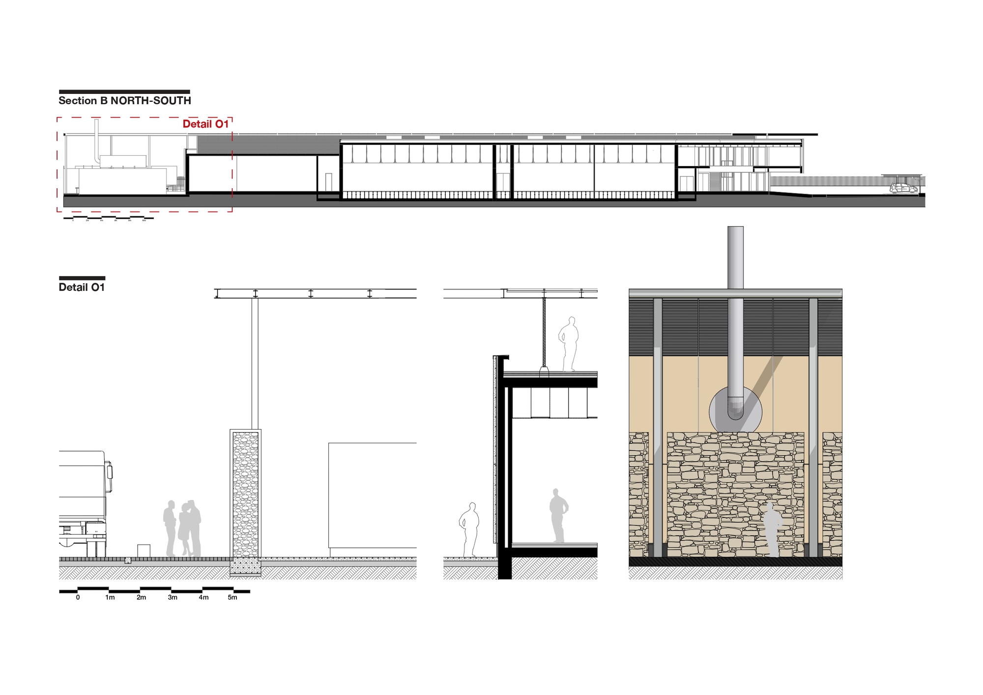 Section drawing with construction details showing wall assemblies, roofing system, and human scale figures