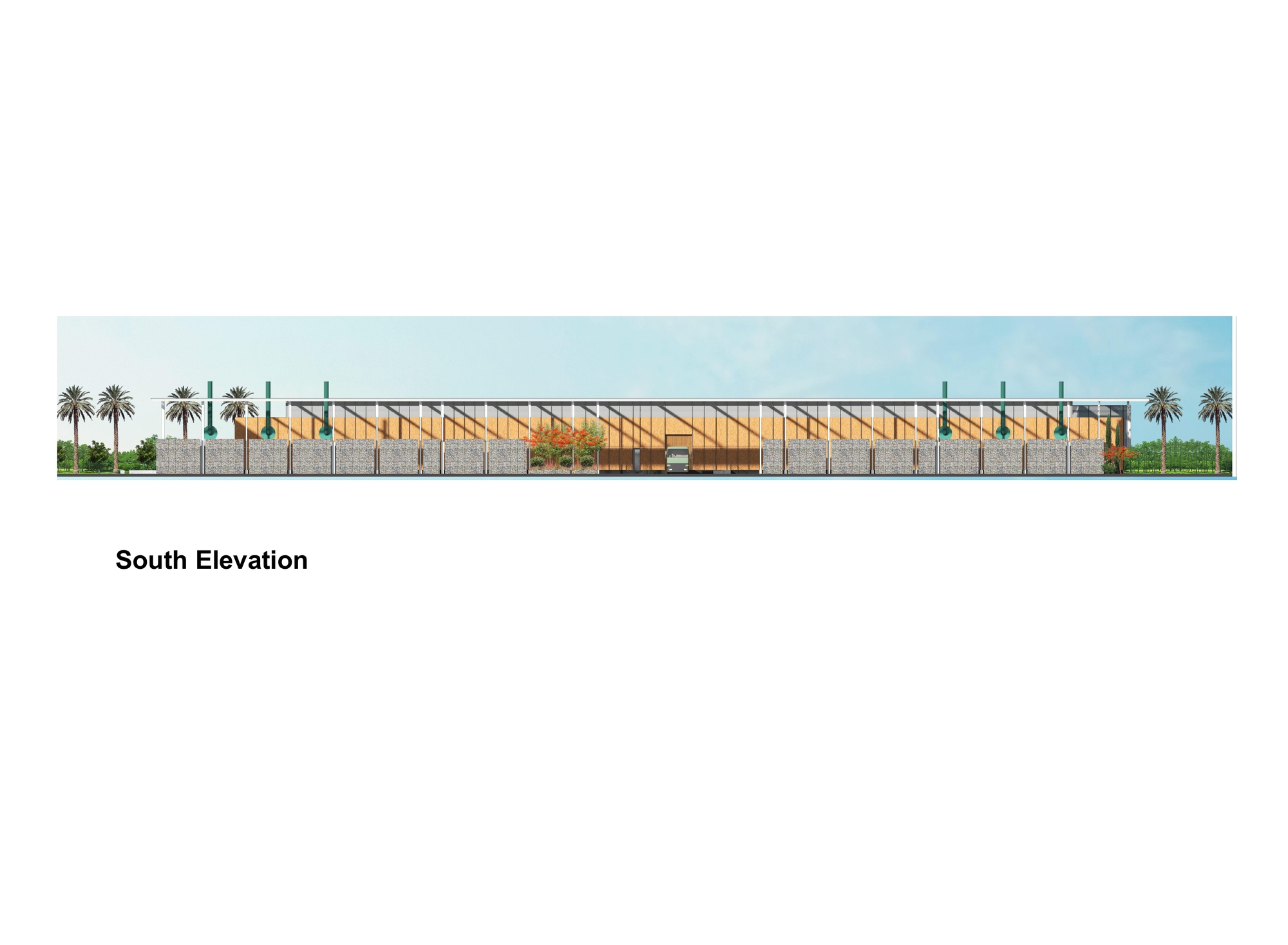 South elevation drawing showing the zigzag roofline flanked by palm trees under a clear sky