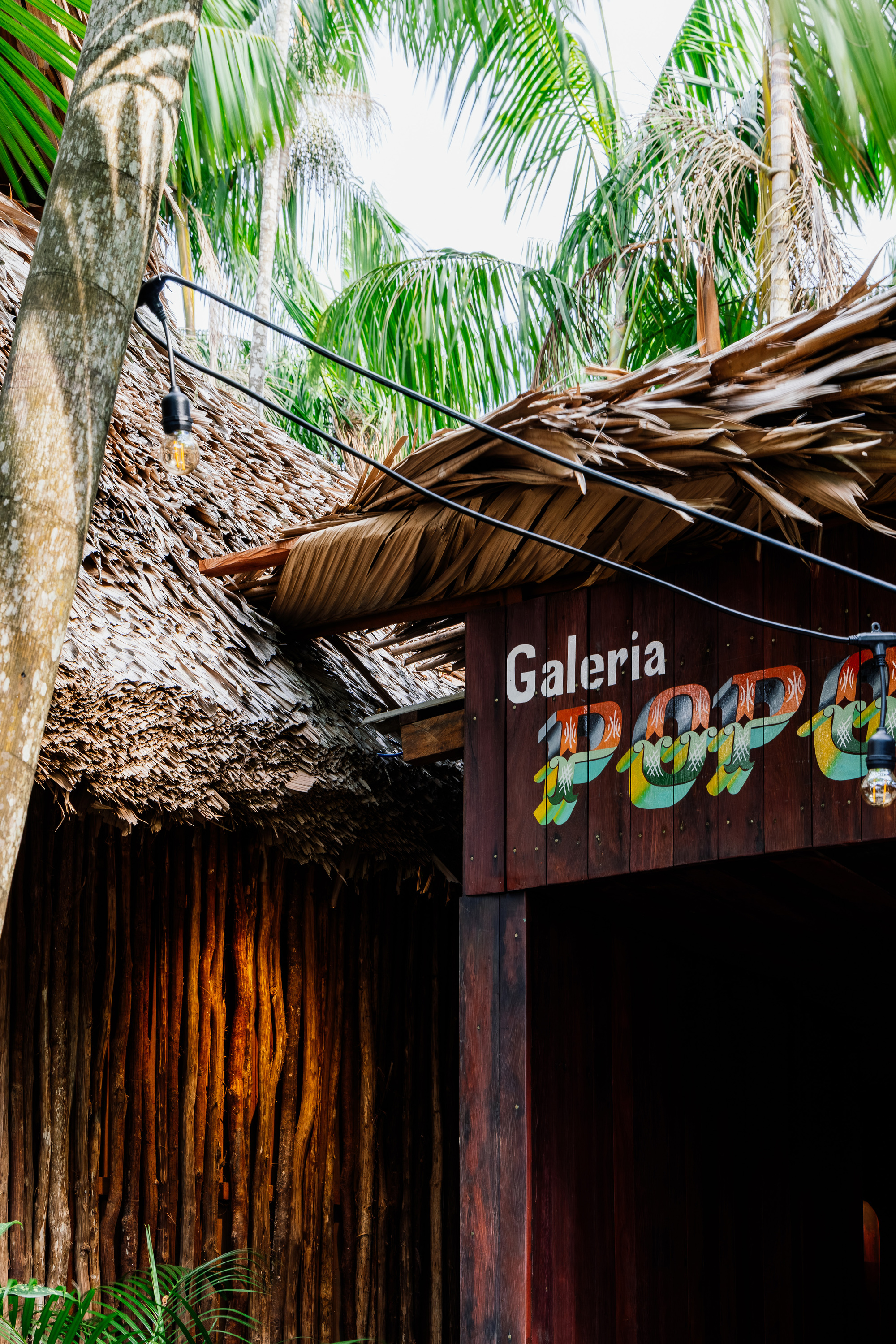 Exterior storefront with layered palm thatch roof and bamboo facade framed by palm fronds