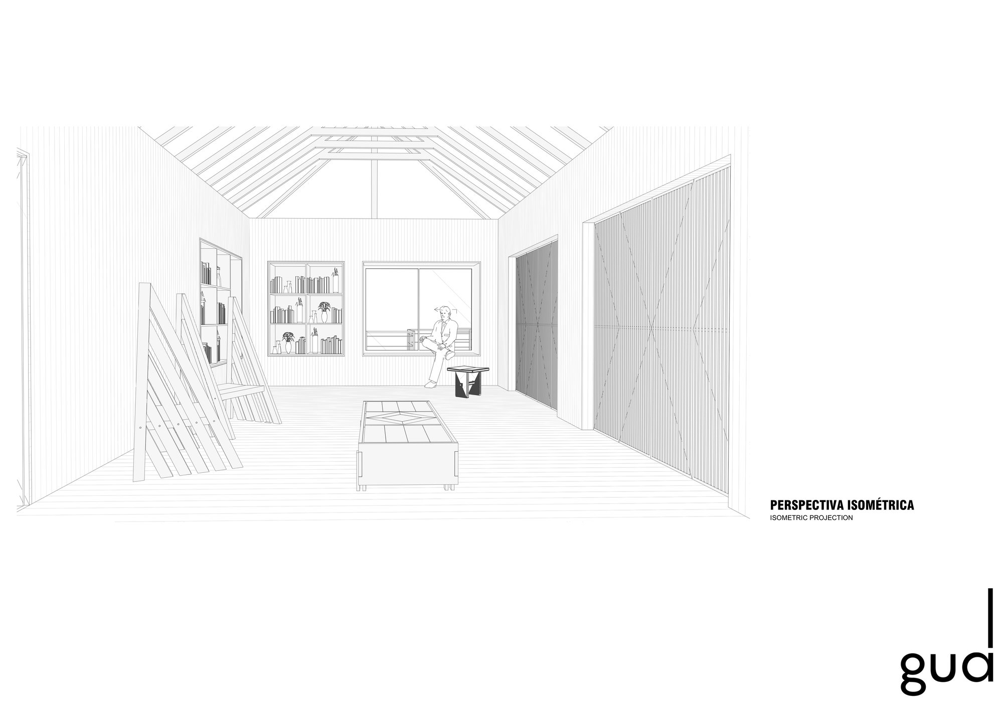 Isometric drawing of interior volume with exposed timber rafters and built-in storage