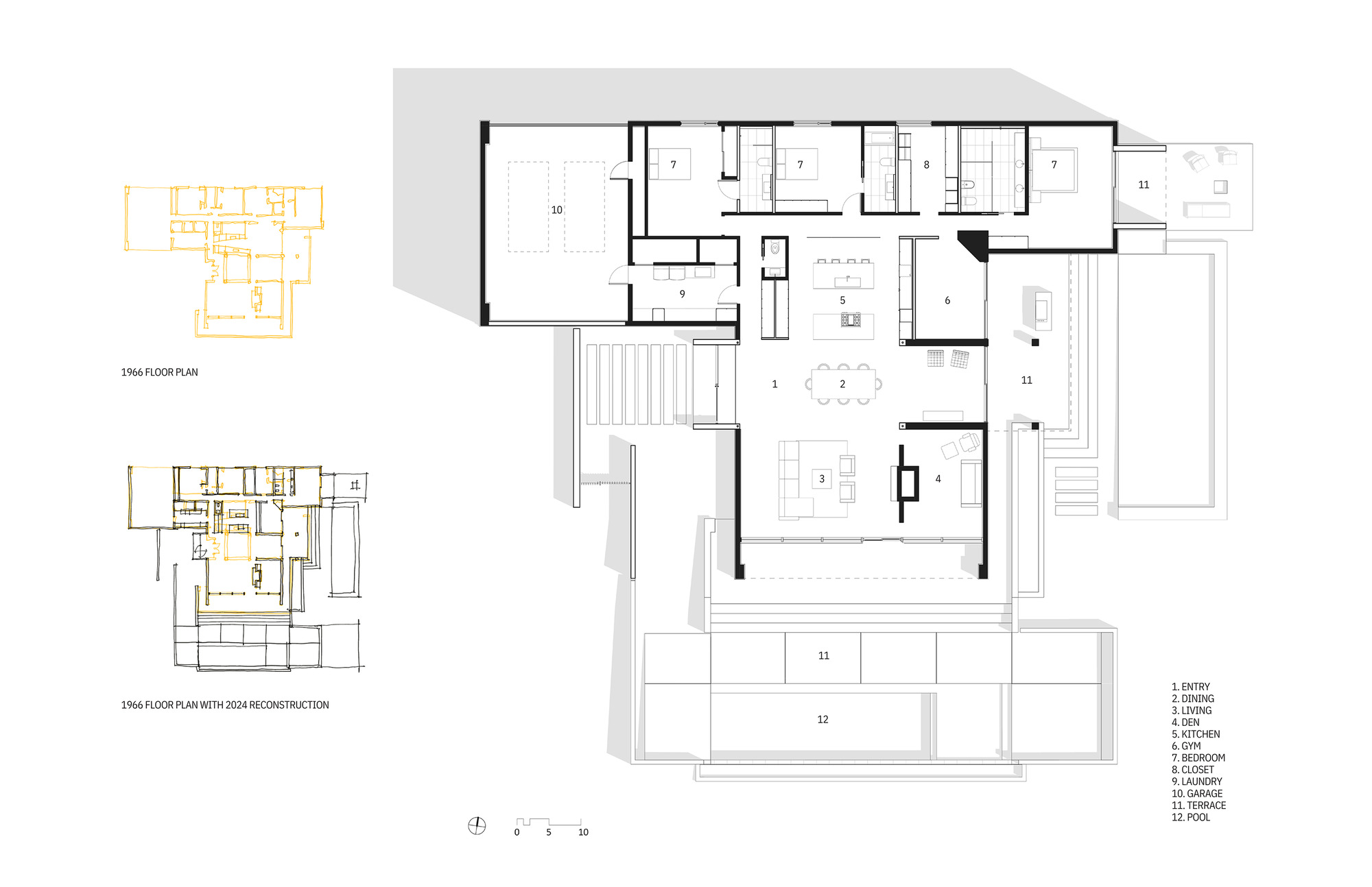 Floor plan drawing showing living spaces arranged around a central courtyard and pool