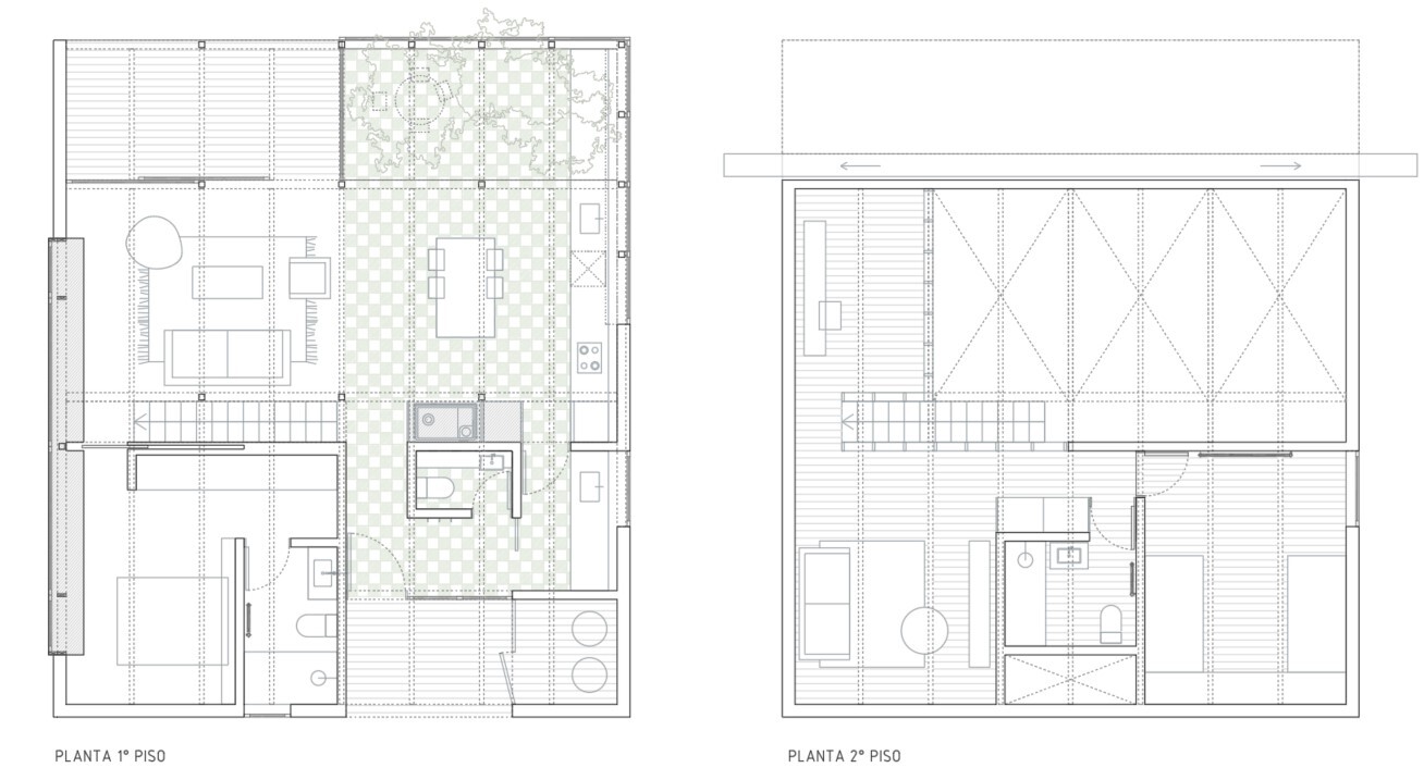 Floor plan drawings showing ground and upper levels with staircase and room layouts