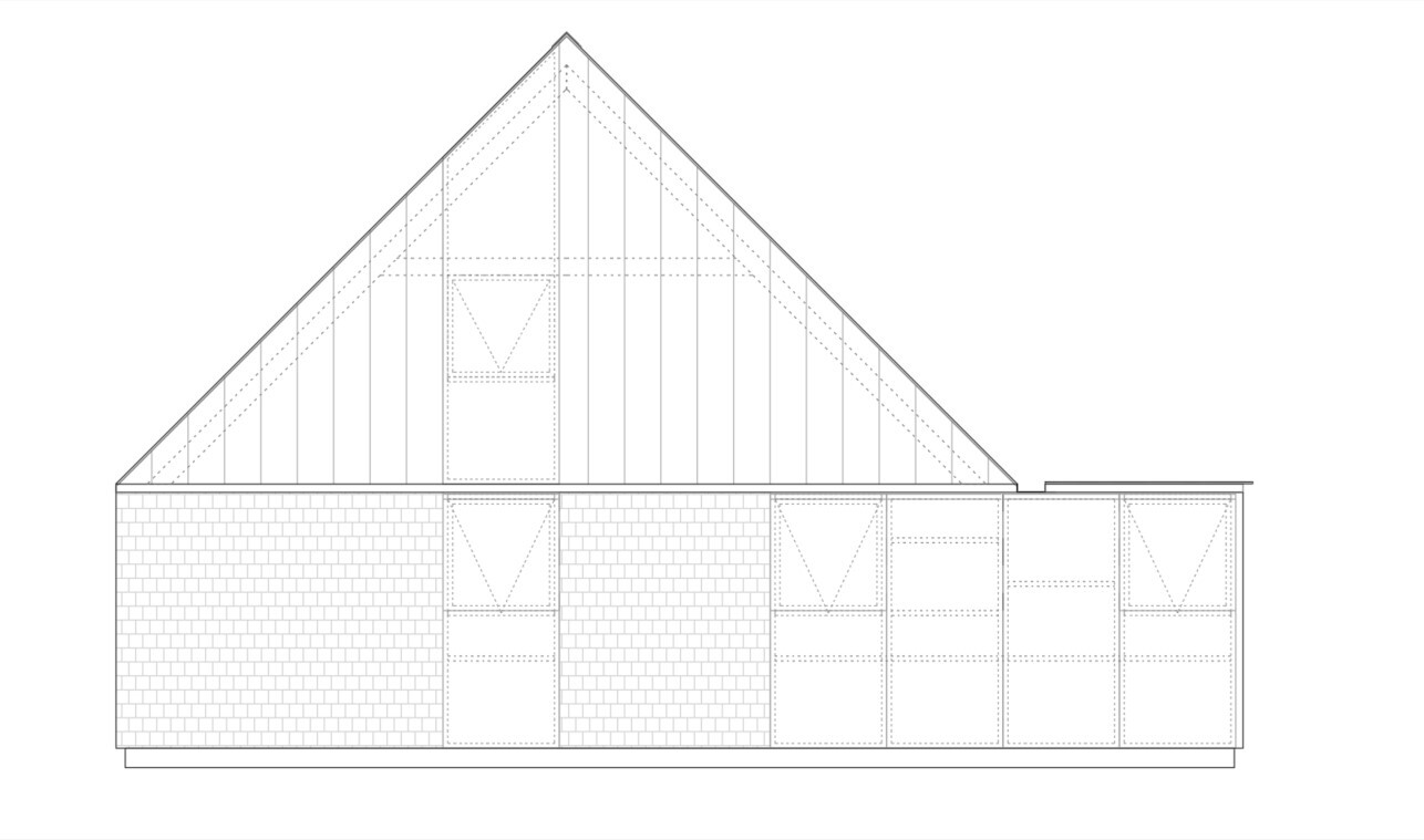 Elevation drawing showing a pitched roof volume with patterned brick walls and vertical window openings