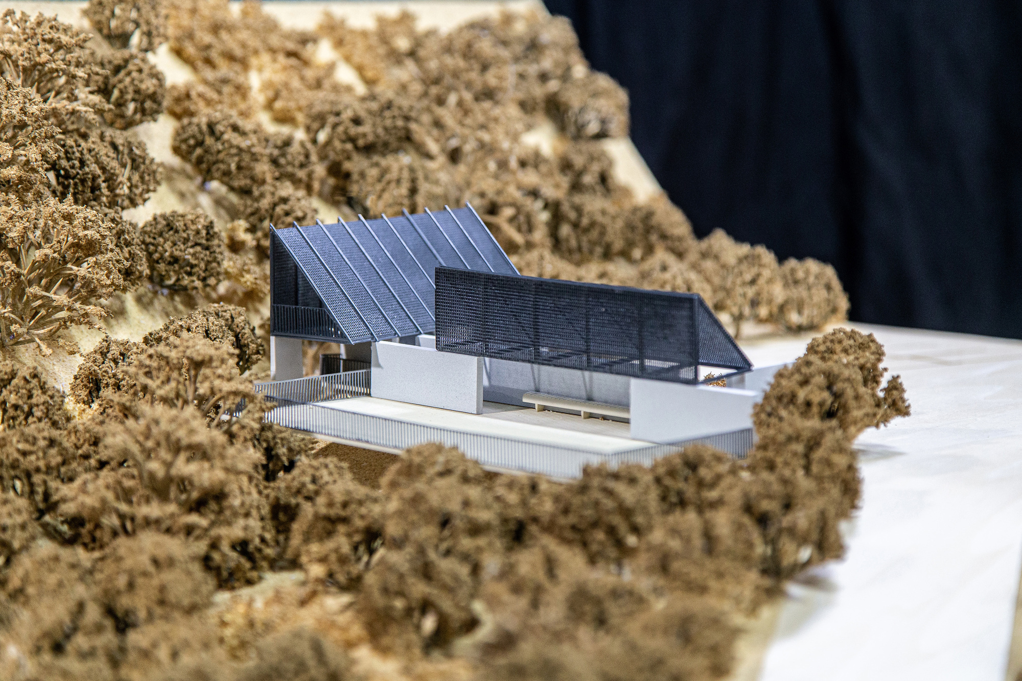 Physical model showing slatted facade and angled roof volumes embedded in wooded terrain