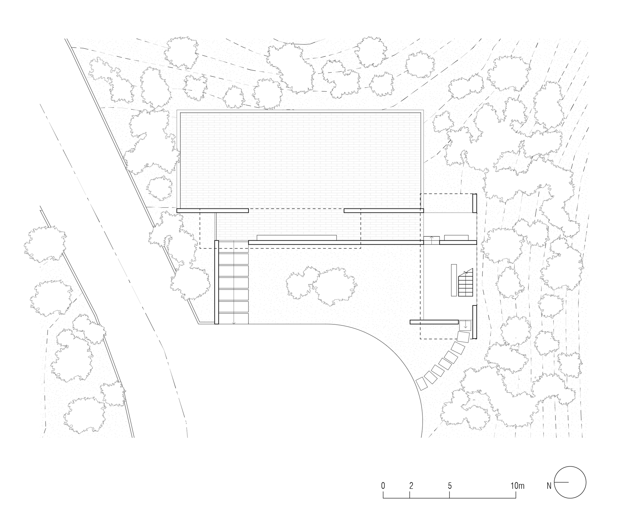 Floor plan drawing showing a rectangular volume with cantilevered terrace and stairs surrounded by trees