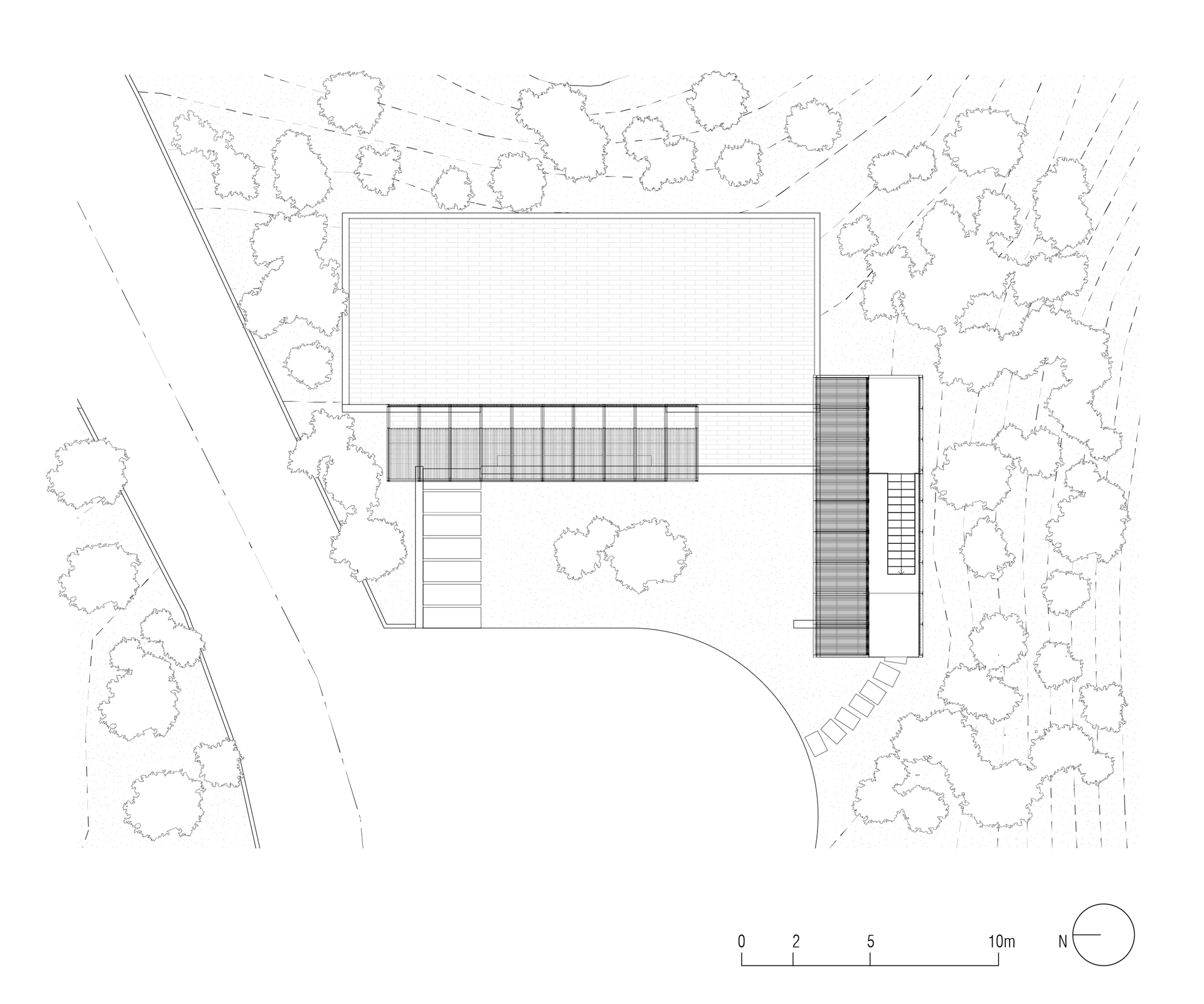 Floor plan drawing showing upper level with slatted screening and two stair cores