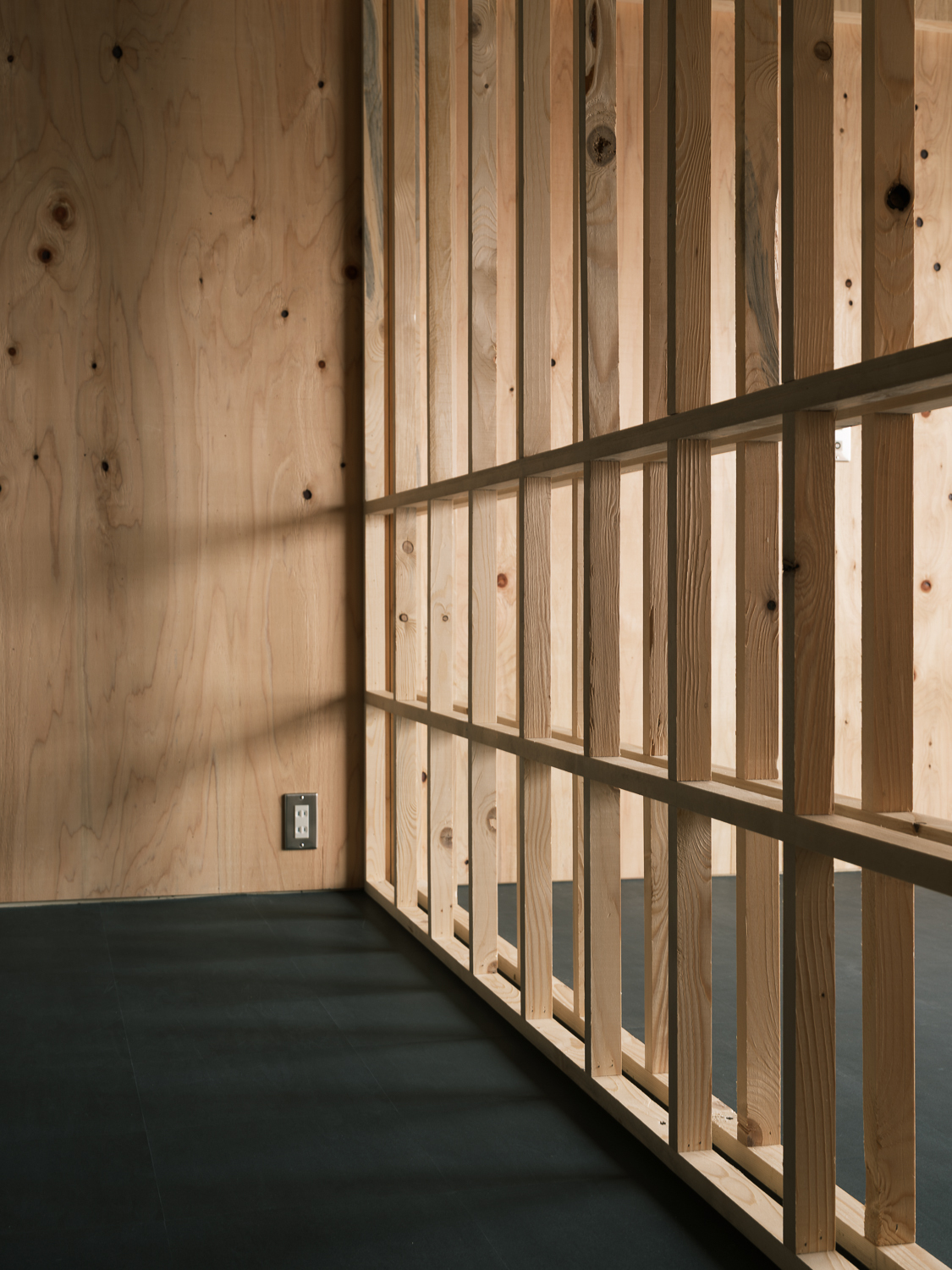 Timber slat partition wall with sunlight casting shadows across dark flooring