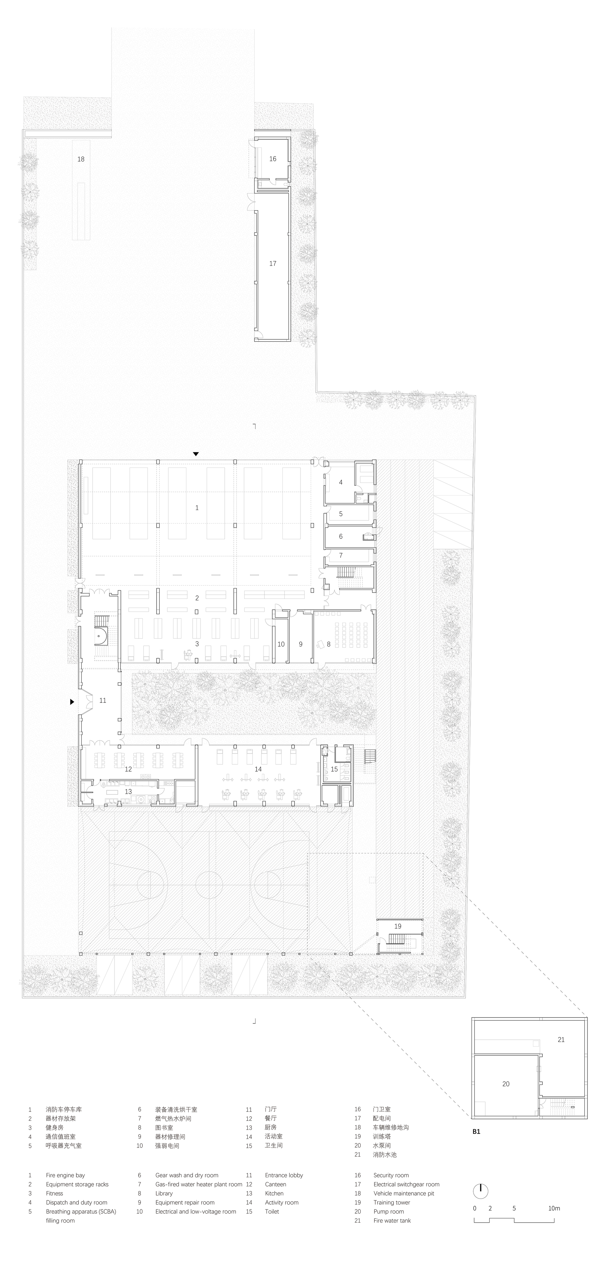 Ground floor plan drawing showing rectangular volumes arranged around courtyards with exterior landscaping