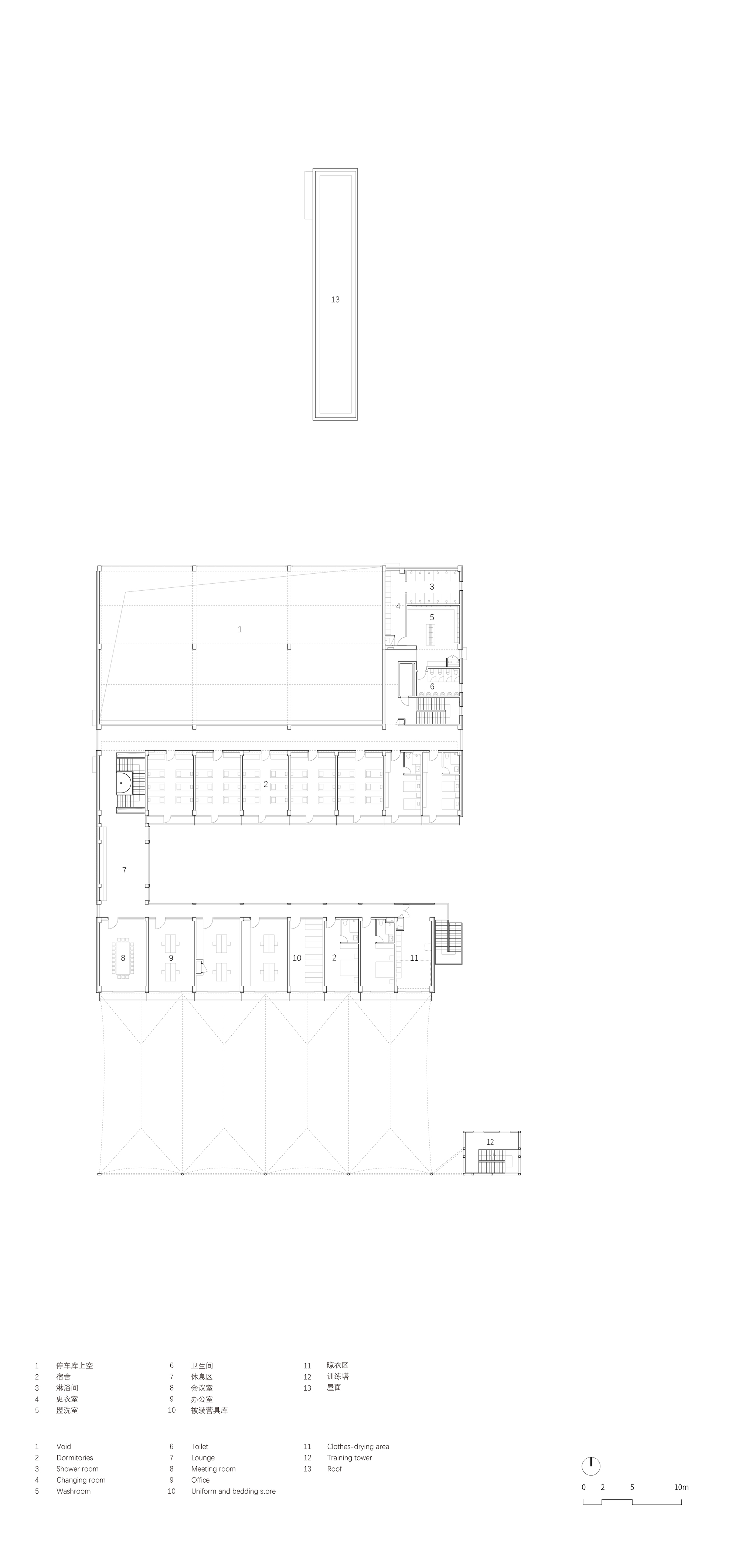 Upper floor plan drawing showing three stacked rectangular volumes with repeated room divisions and circulation cores