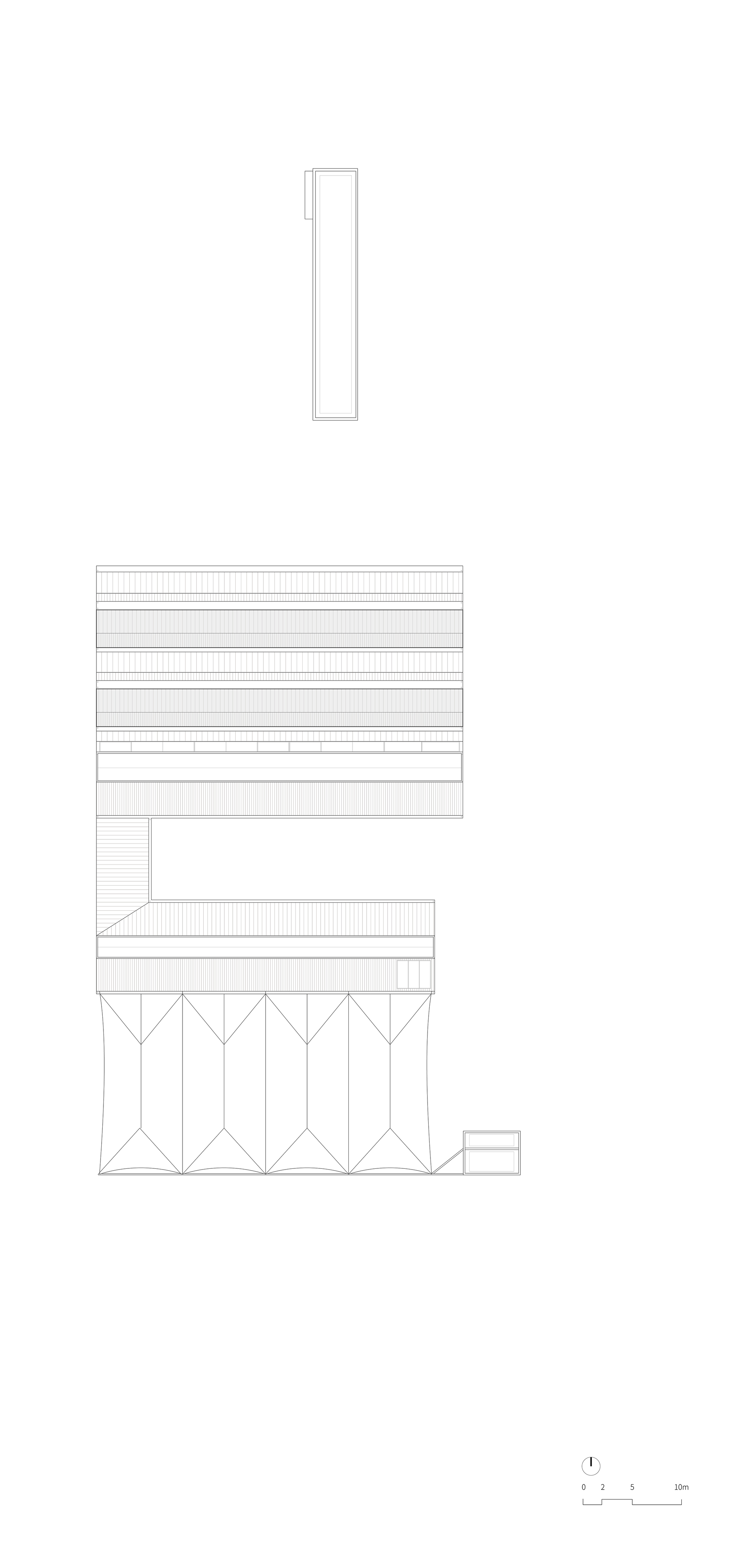 Section drawing showing the horizontal layered floors with a cantilever and angled structural supports below
