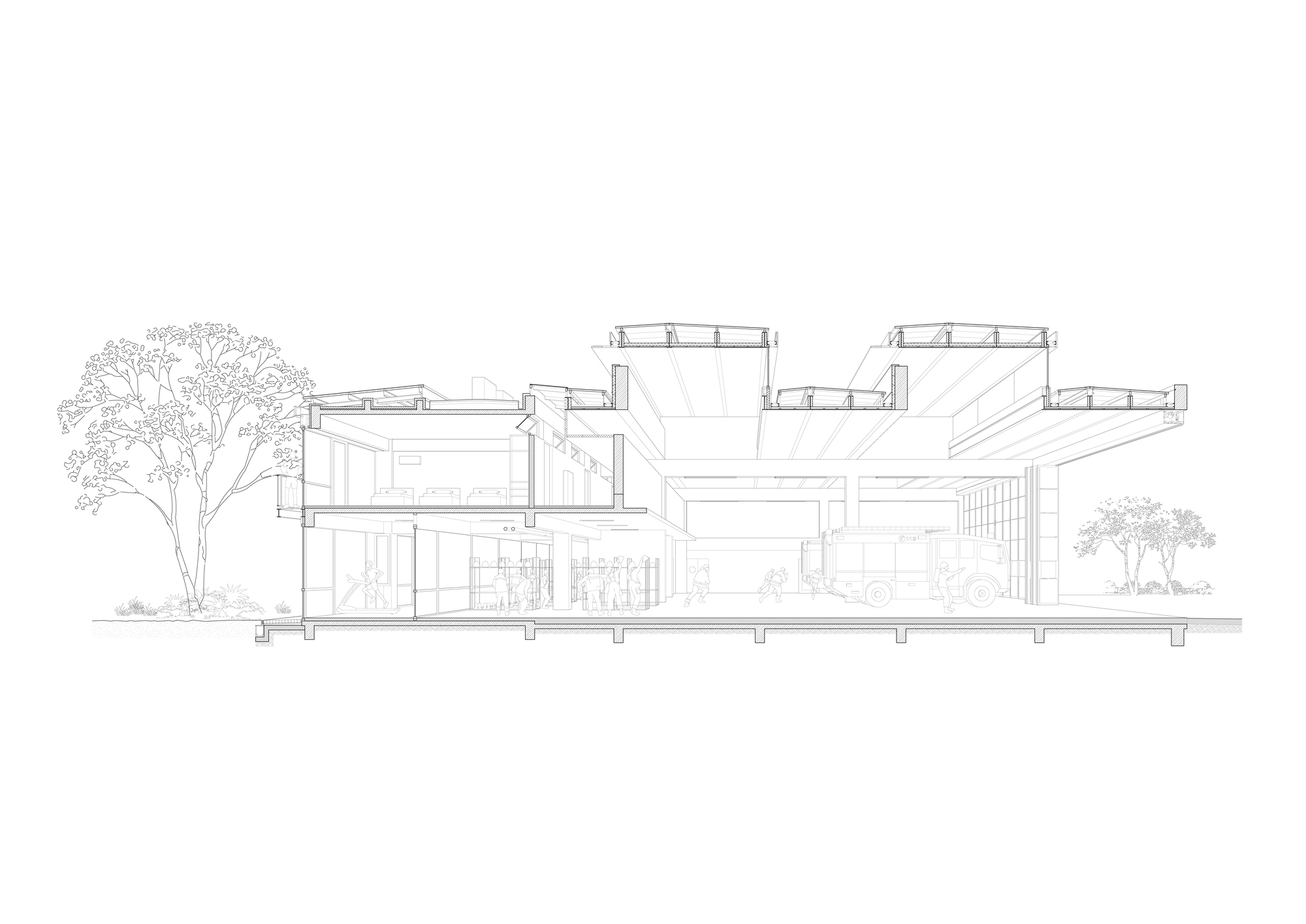 Section drawing showing multi-level volumes with rooftop terraces and trees flanking the composition