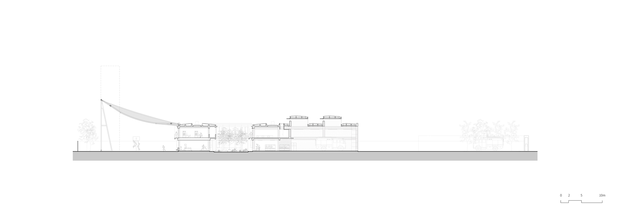 Elevation drawing showing the low horizontal profile with a curved roof element and tree groupings