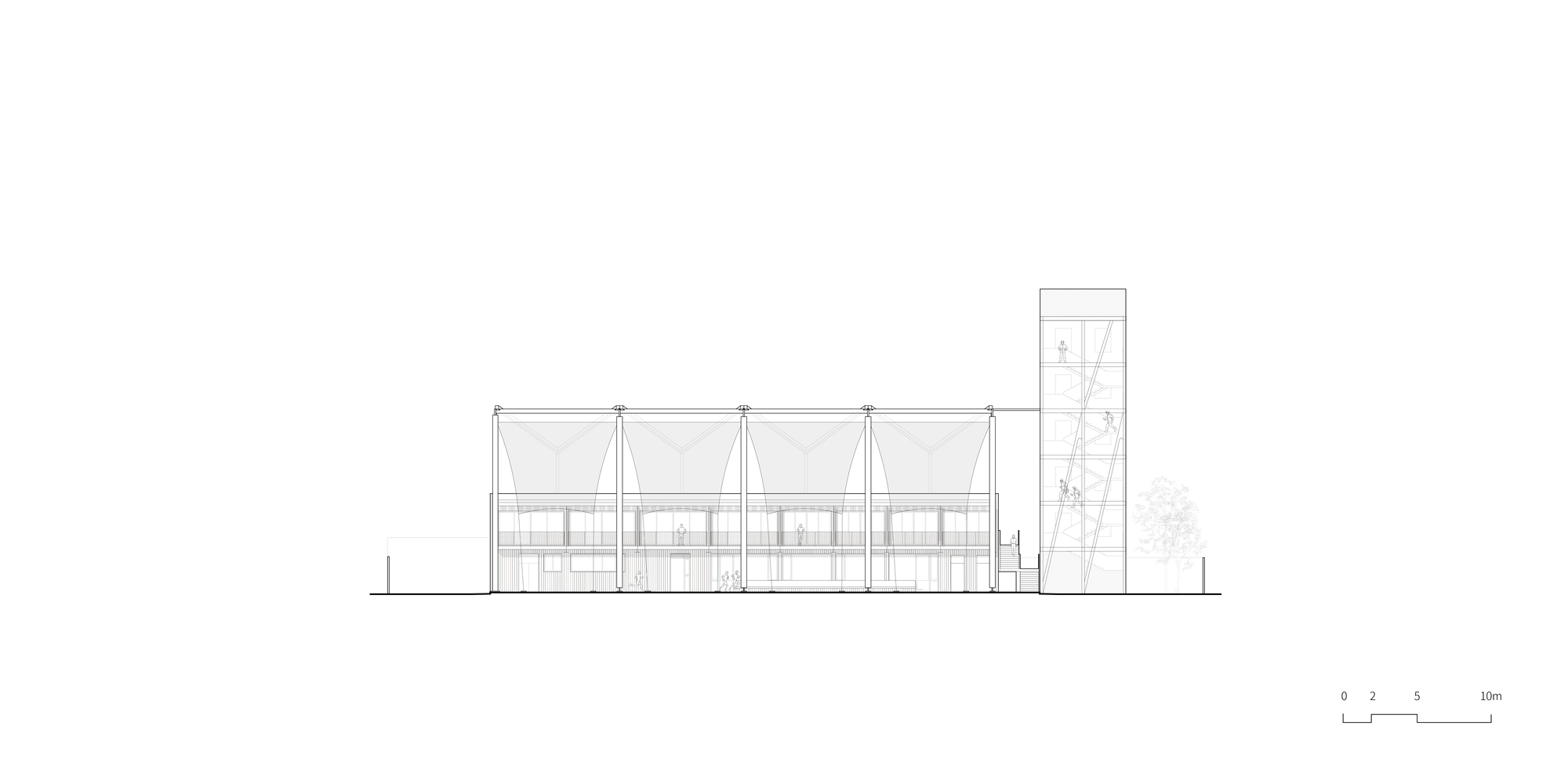 Elevation drawing showing a linear structure with repeating gabled frames and a tall adjacent tower