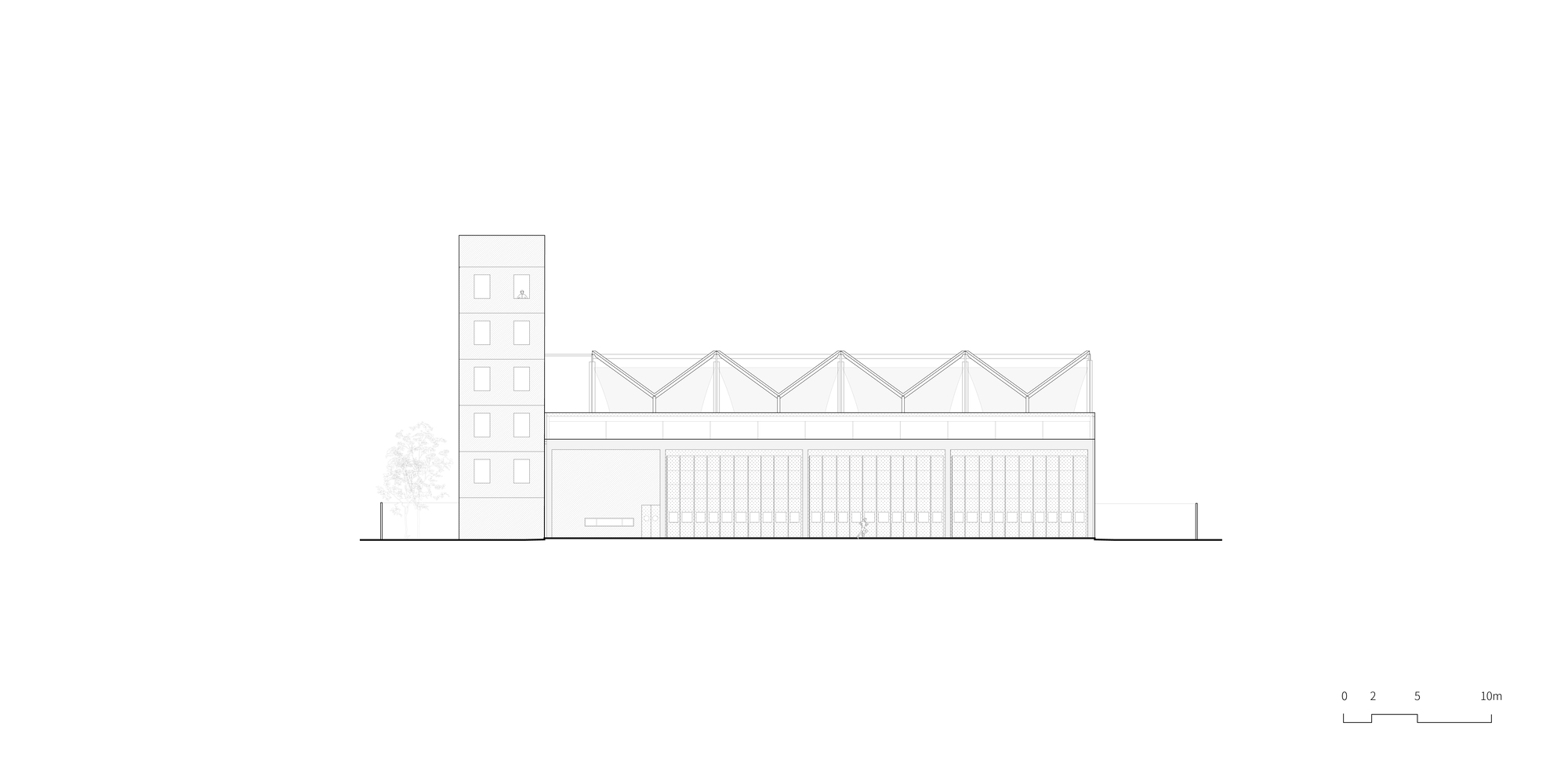 Elevation drawing depicting a horizontal building with zigzag roofline and a vertical tower element