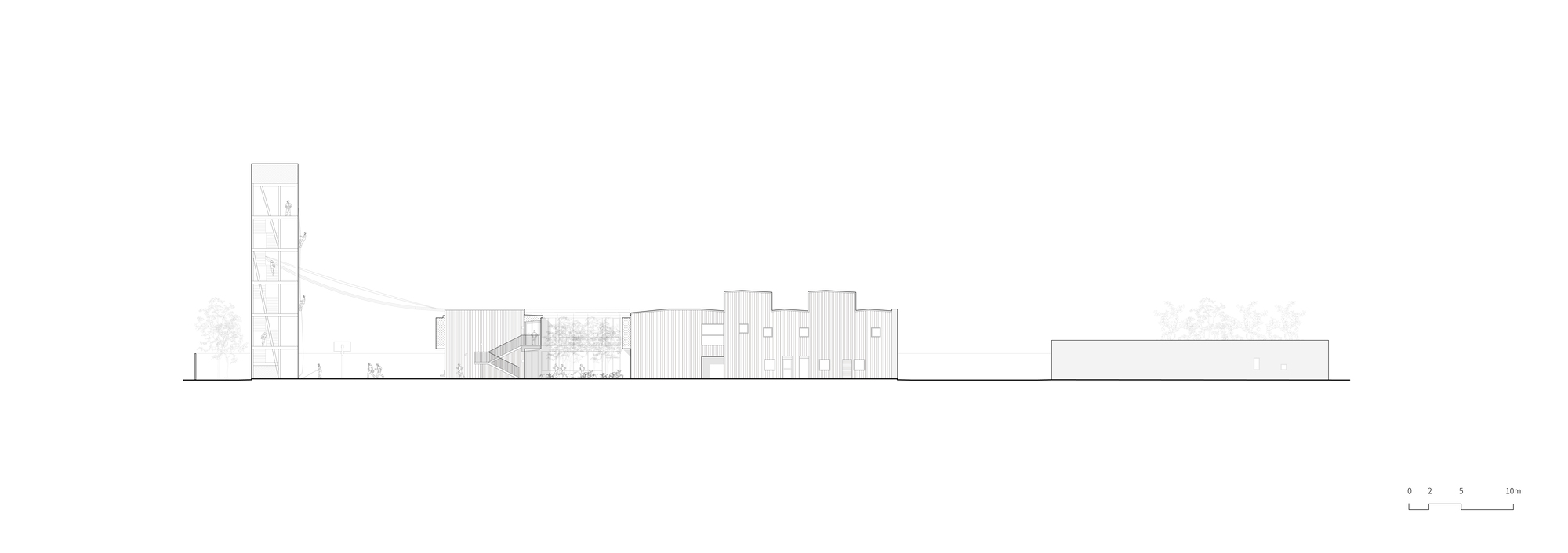 Elevation drawing of a complex with stepped volumes, a slender tower, and surrounding trees