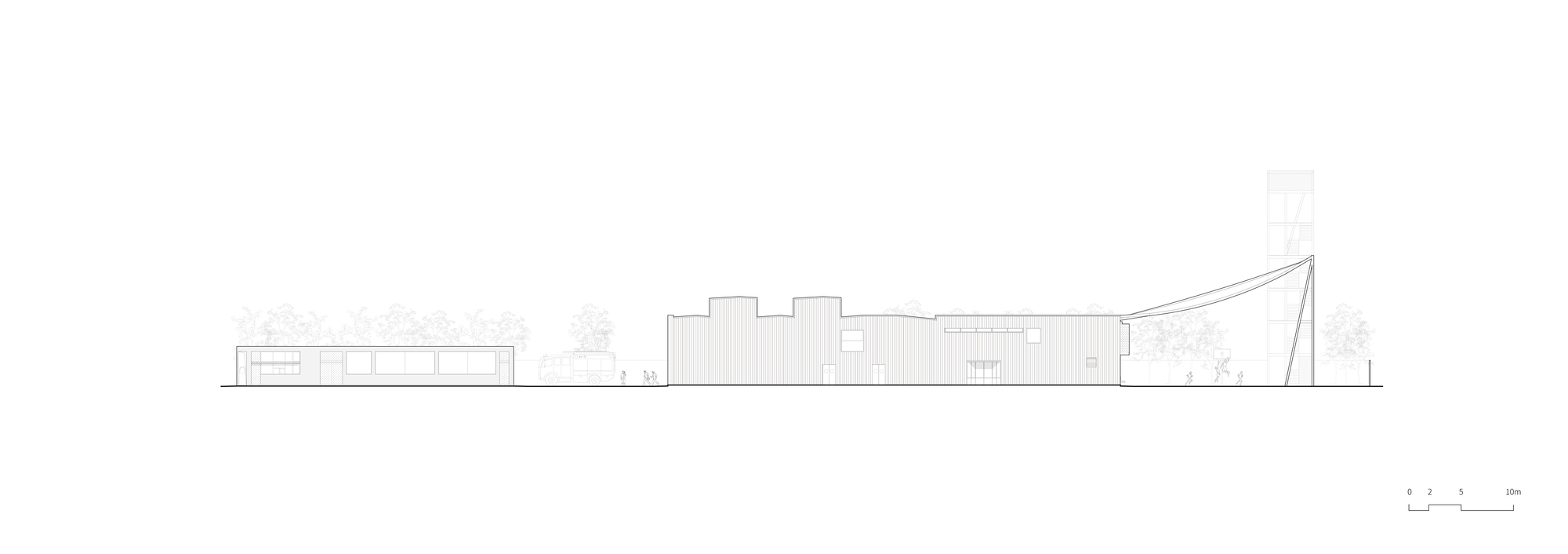 Elevation drawing showing a low horizontal building with a dramatic angled sail-like form at one end