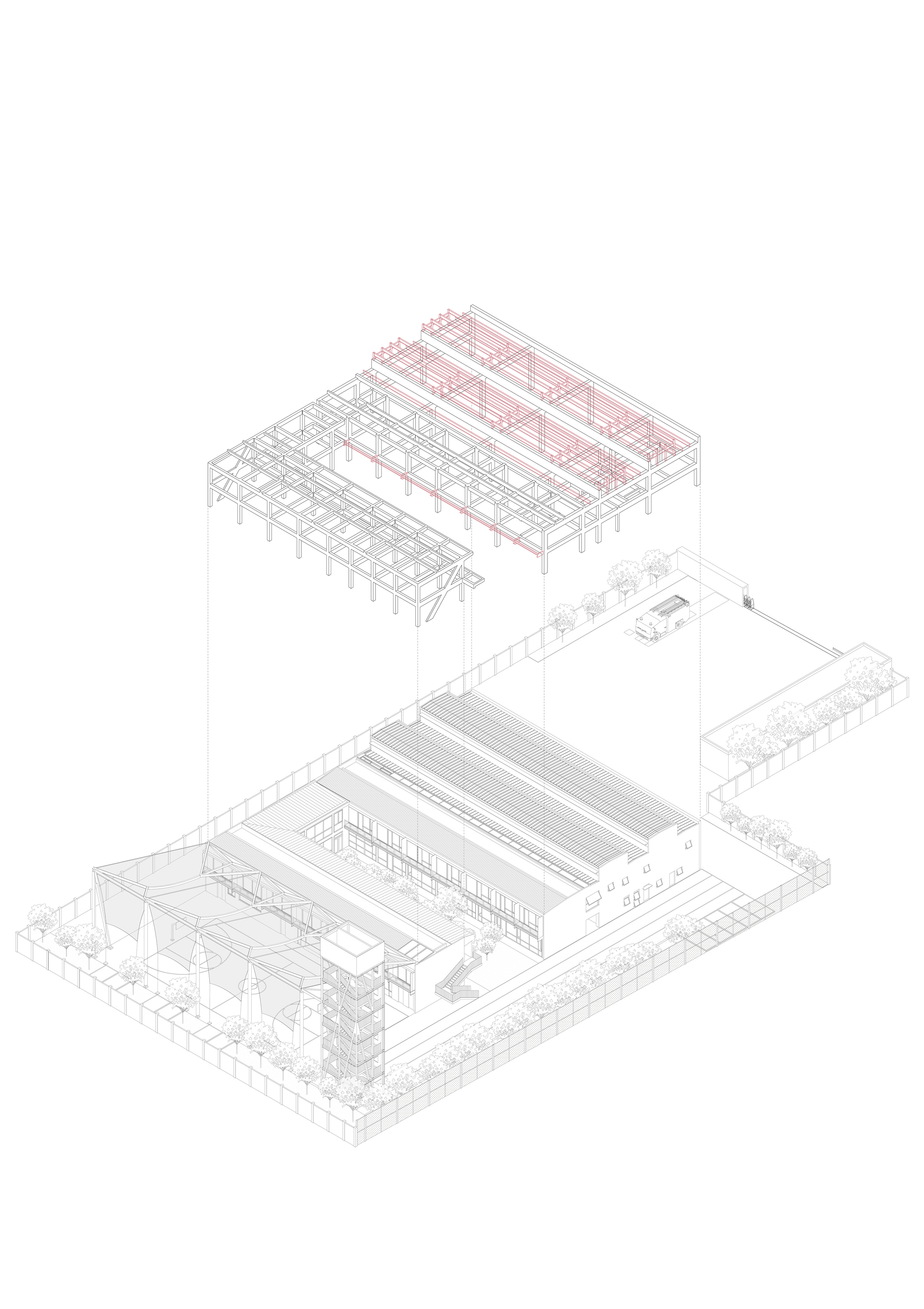 Exploded axonometric drawing highlighting the roof framing system in red above floor plates and site plan
