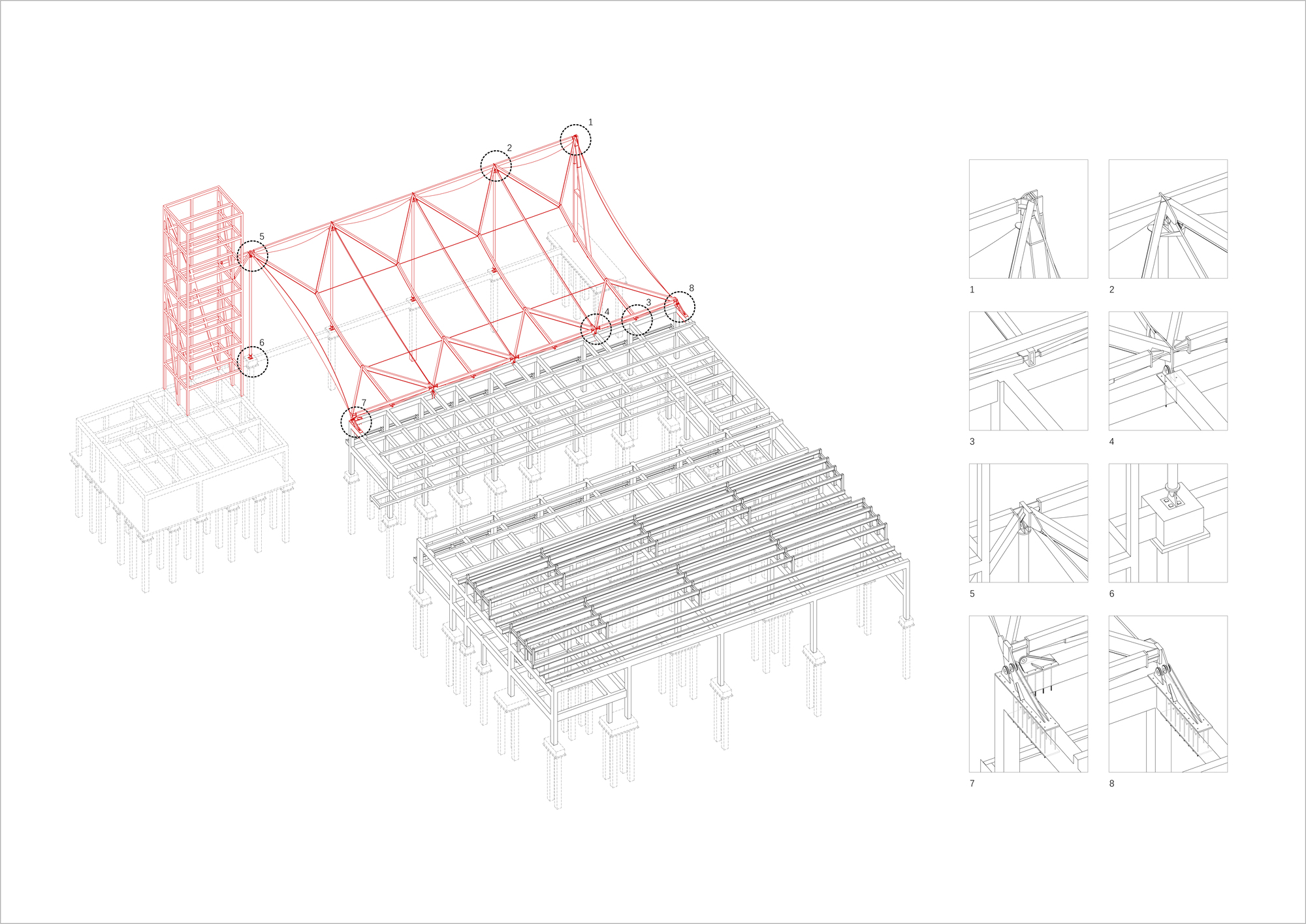 Axonometric drawing showing a cable net roof structure suspended from a tower and anchored over a timber column grid