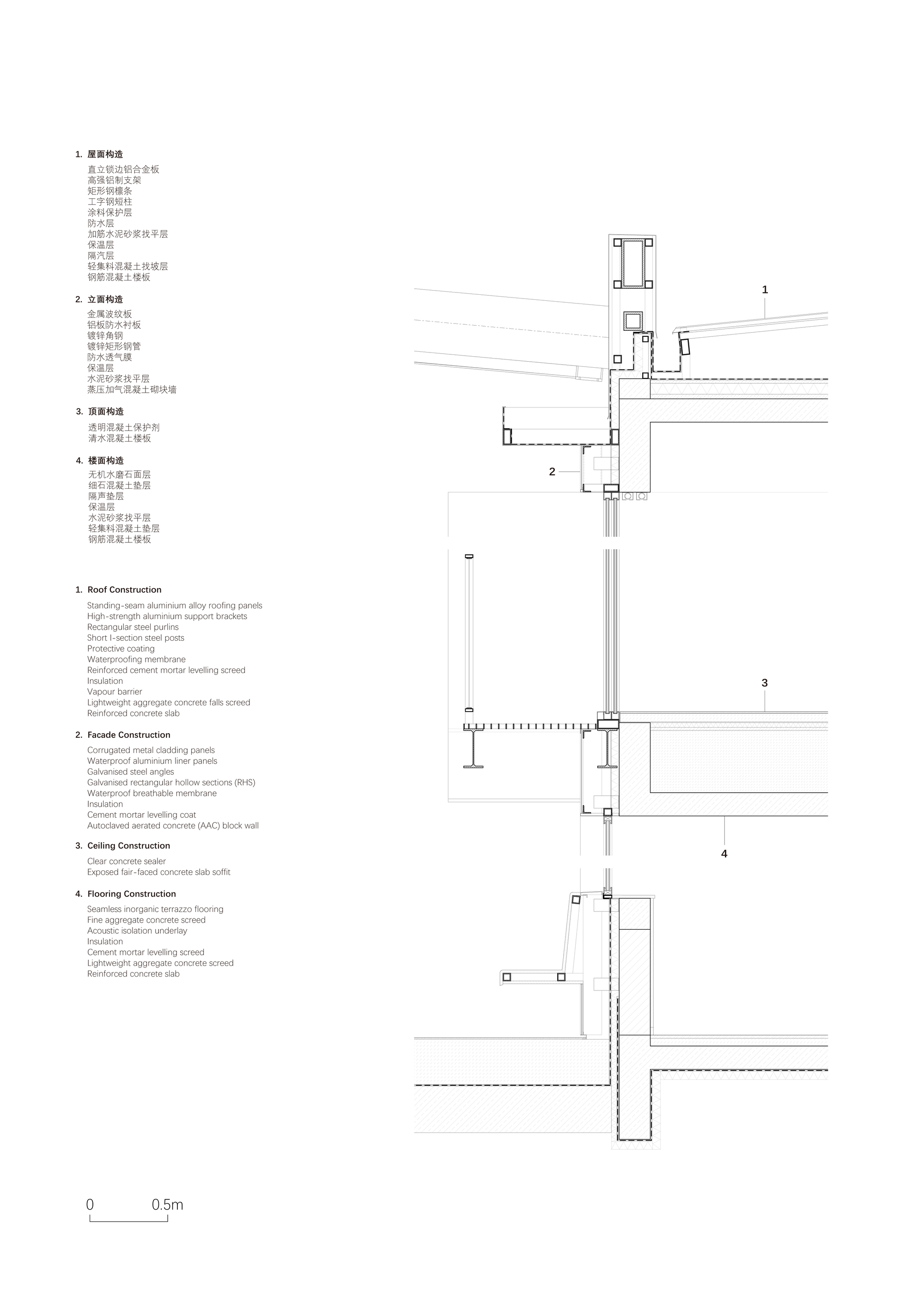 Construction detail sections showing roof, wall, and floor assemblies with material layers and structural connections