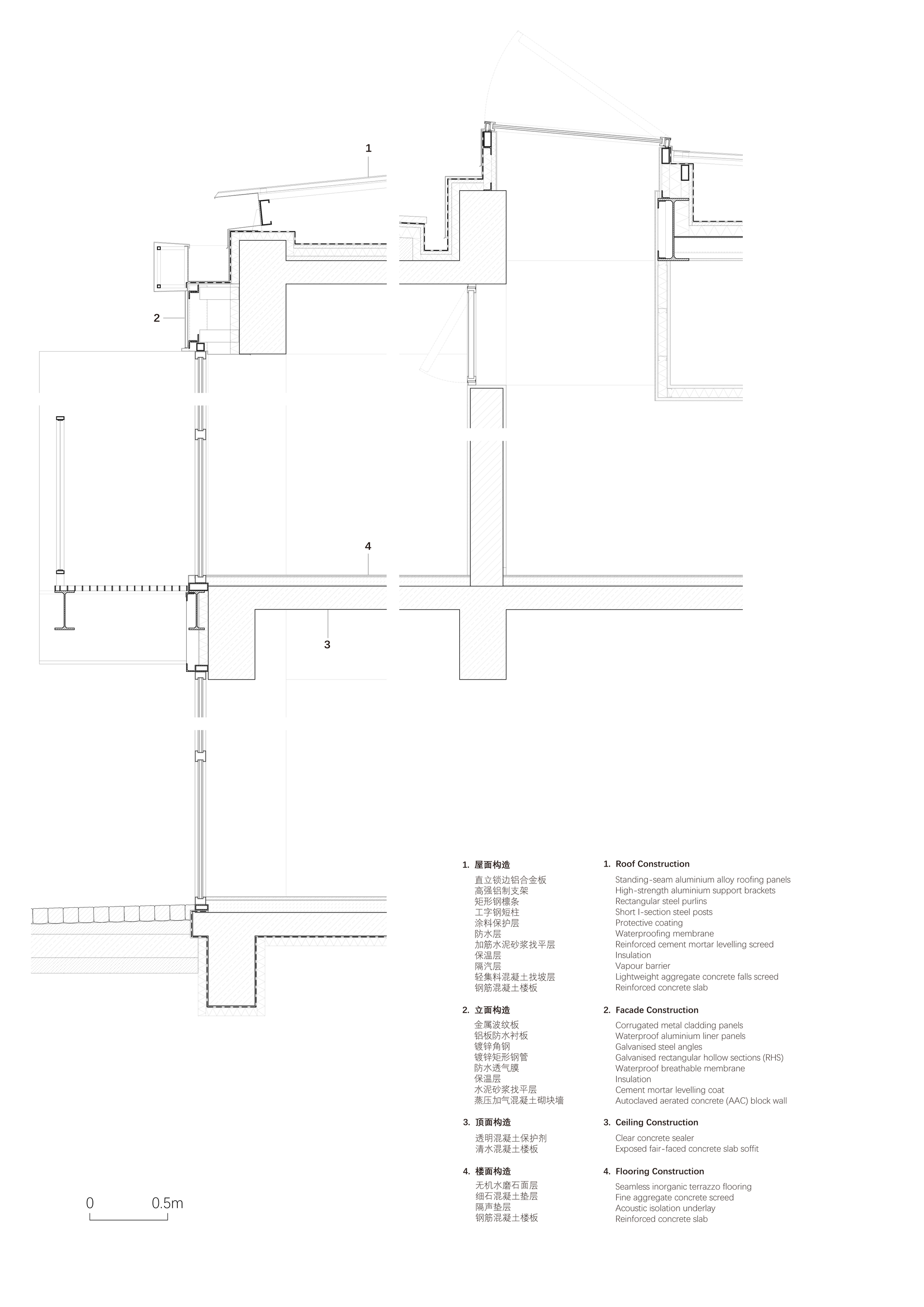 Detail sections illustrating wall, roof, and floor junction assemblies with insulation and structural framing