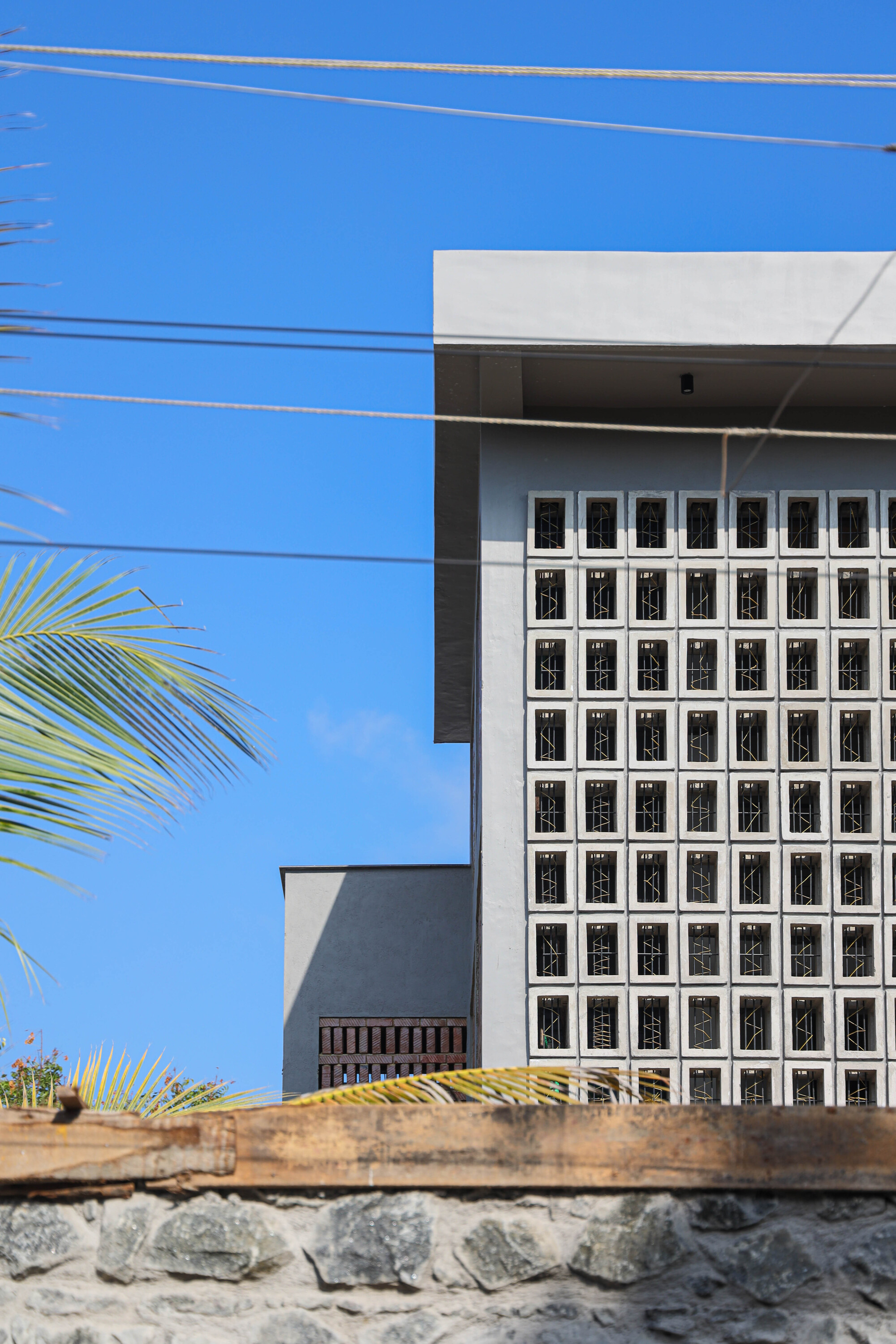 Street view of the white facade with decorative brick screen panels framed by palm fronds and overhead wires