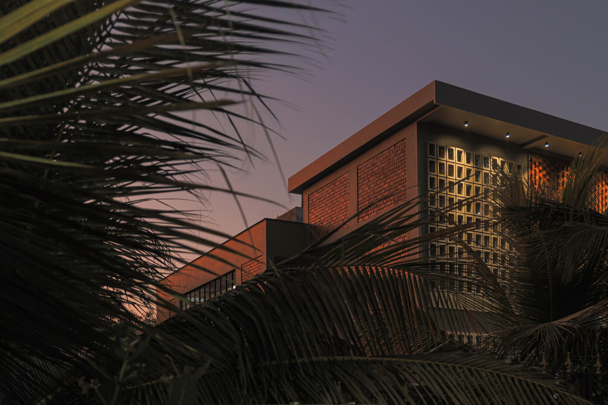 Evening view of the illuminated brick screen facade seen through silhouetted palm fronds