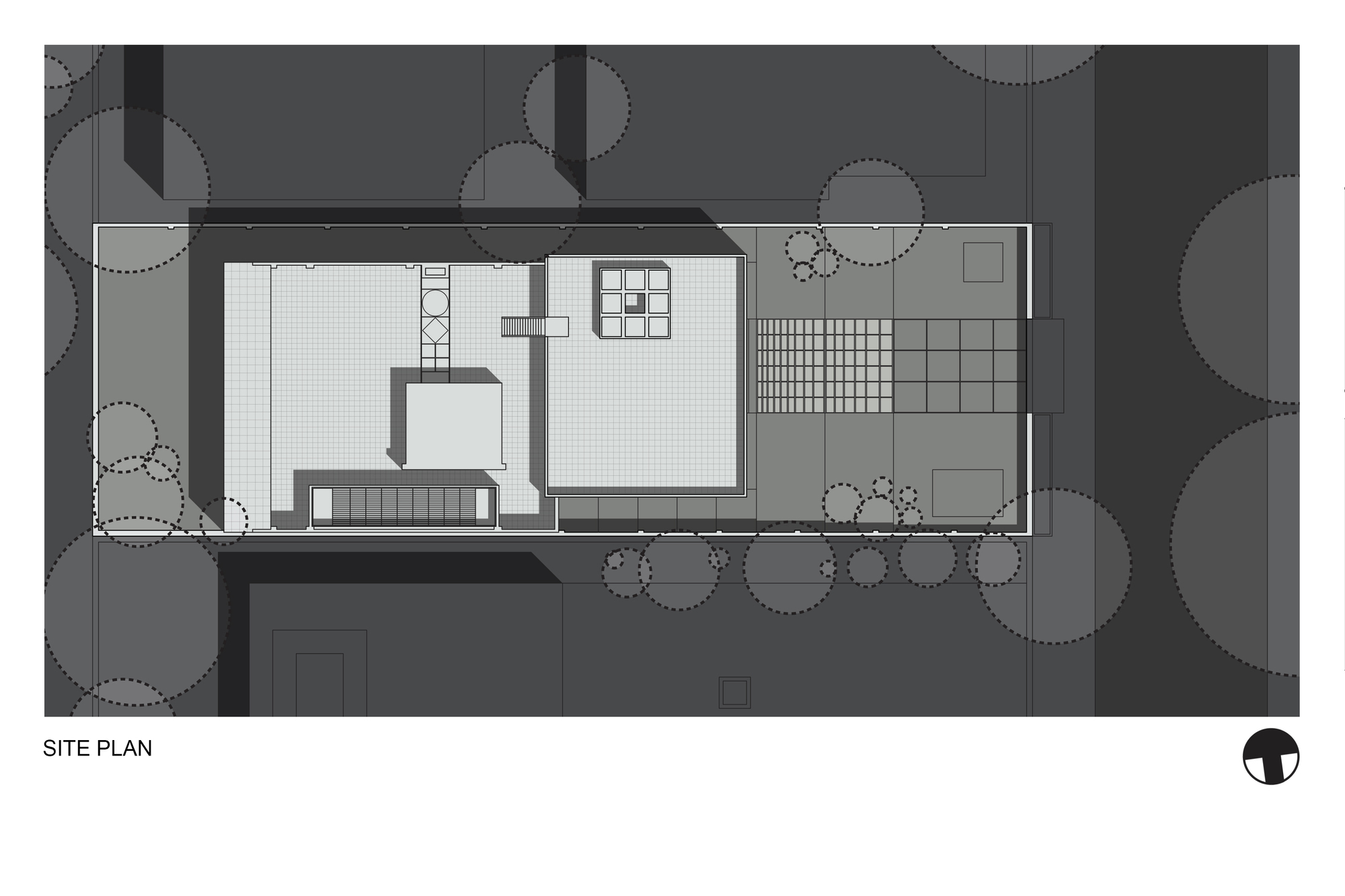 Site plan drawing showing a rectangular building footprint surrounded by circular tree canopies