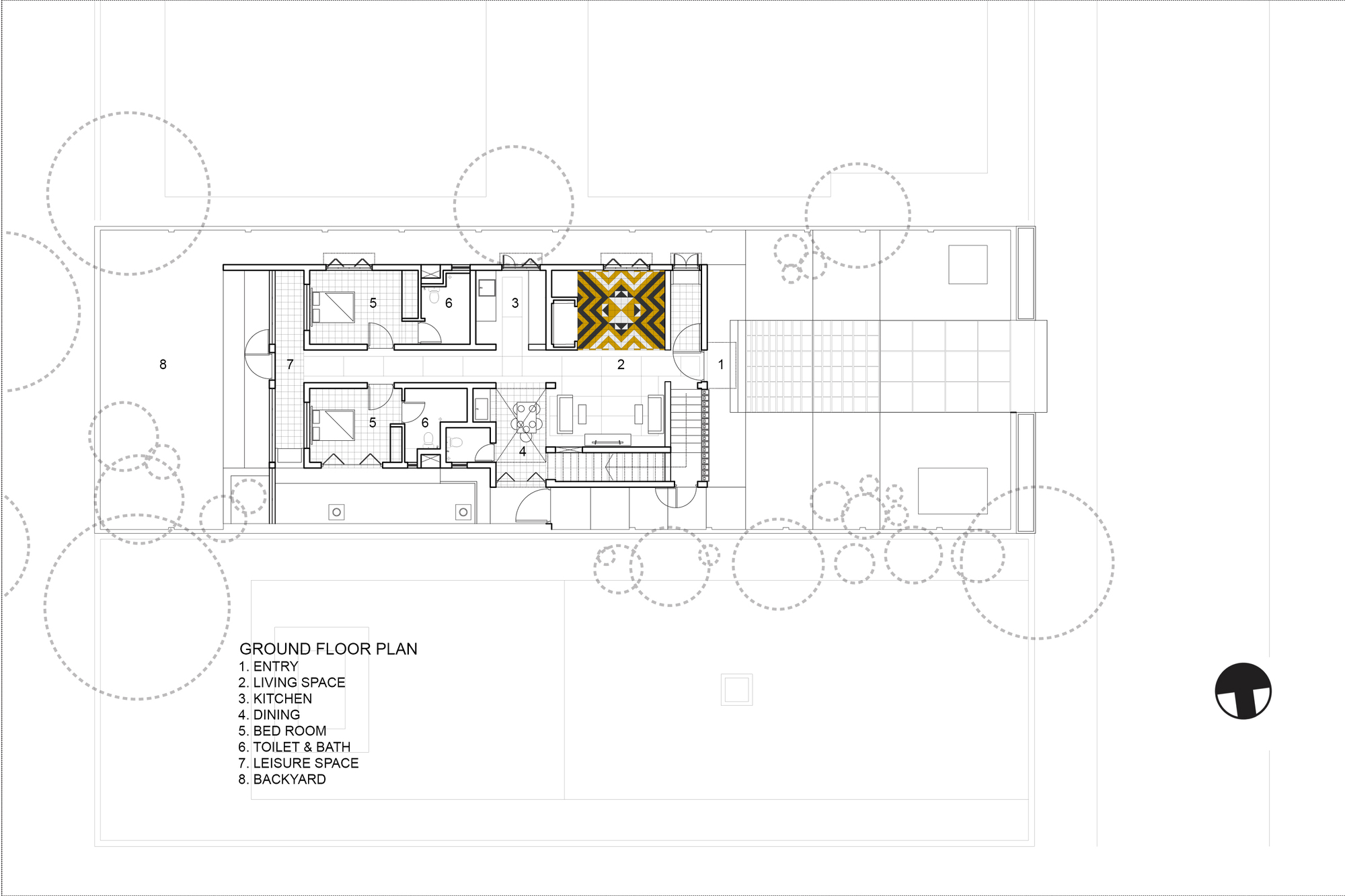 Ground floor plan drawing with labeled rooms and a central skylight grid