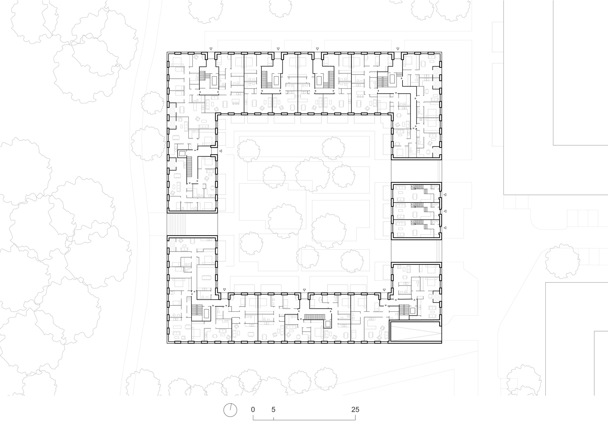 Ground floor plan drawing showing a hollow square building with units wrapping around a central courtyard