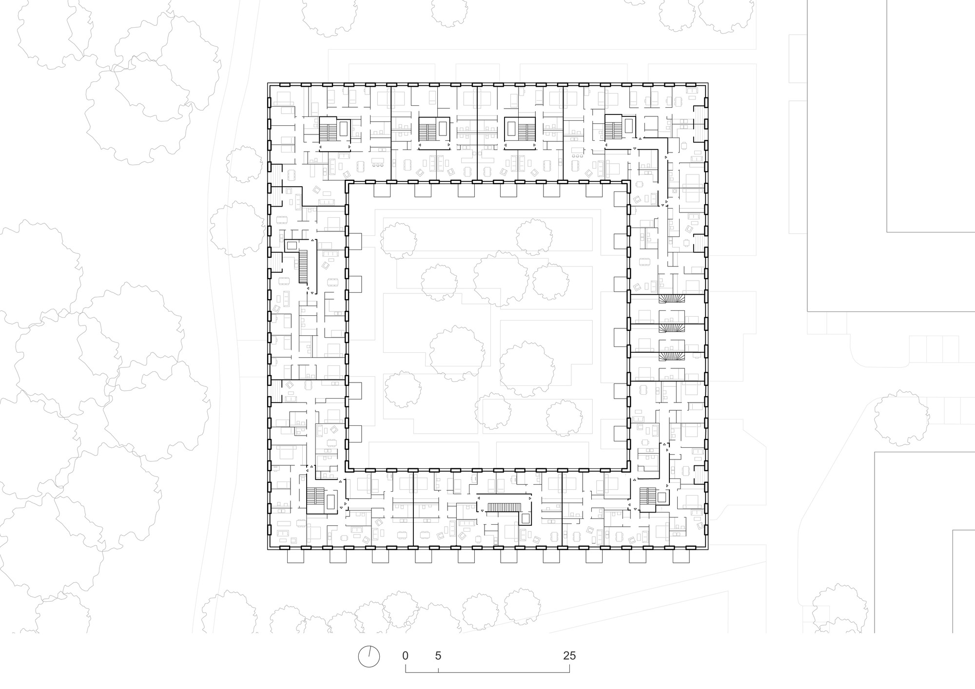Upper floor plan drawing showing residential units surrounding a planted inner courtyard with tree circles