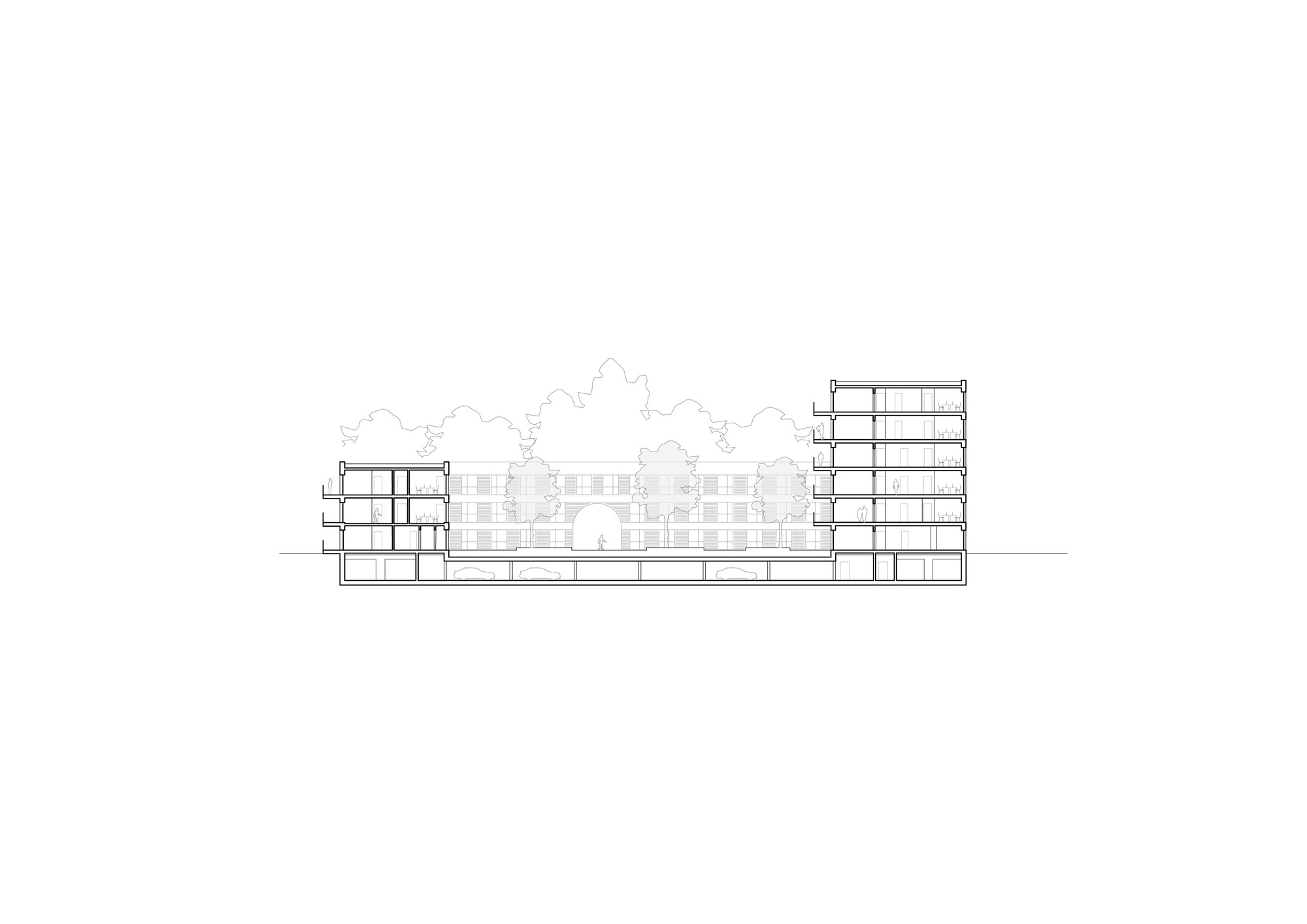 Section drawing revealing the internal floors of two tower blocks flanking a lower central volume