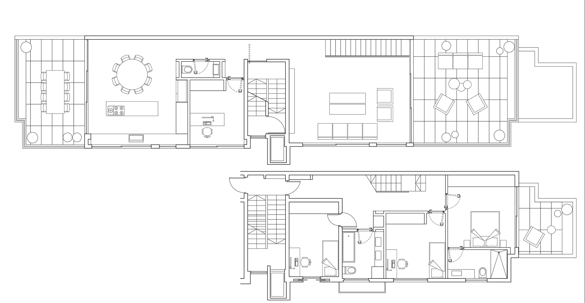 Floor plan drawing showing two levels of a residential unit with central staircase