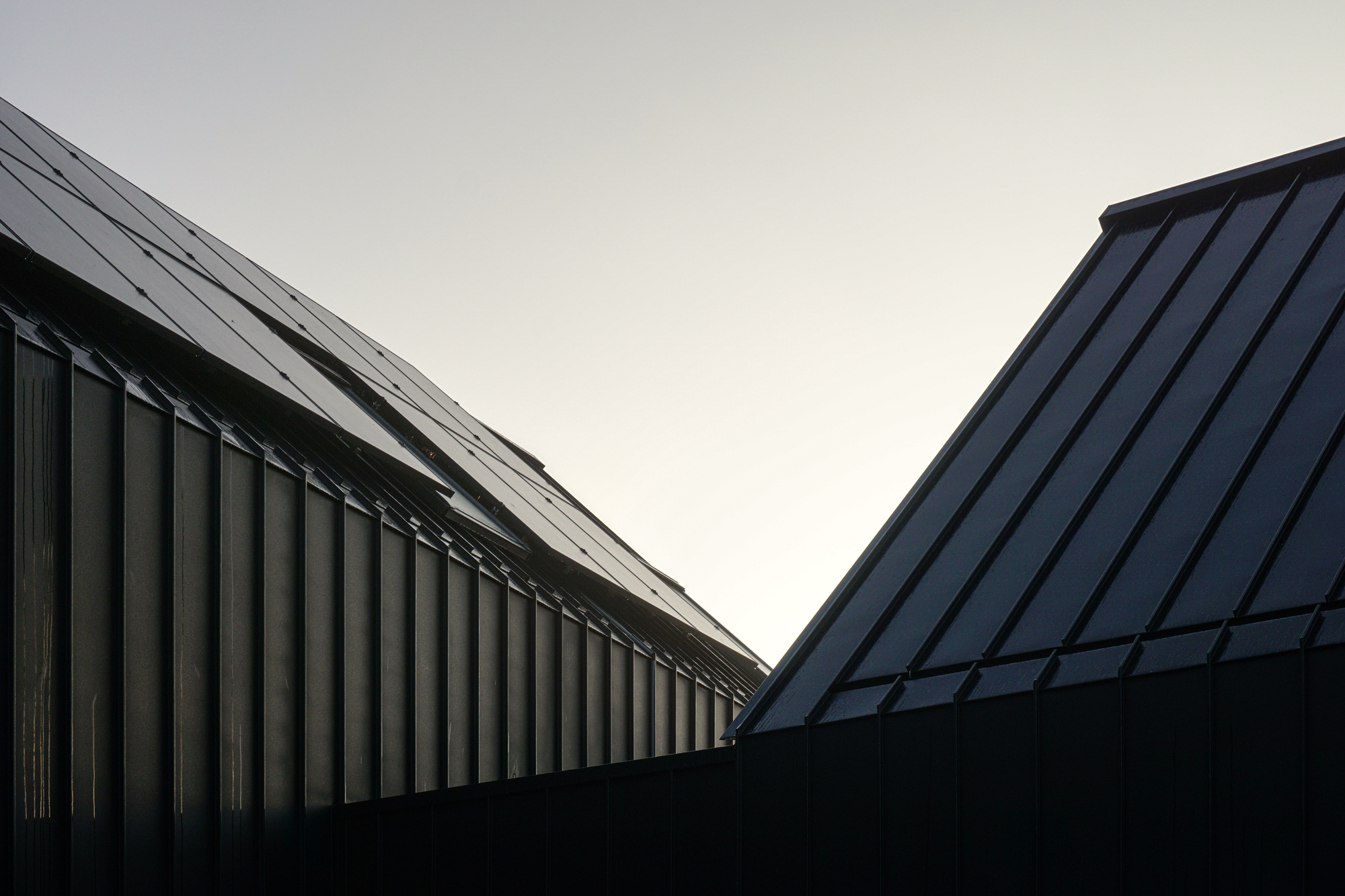 Upward view of two gabled rooflines meeting in a V against an overcast sky