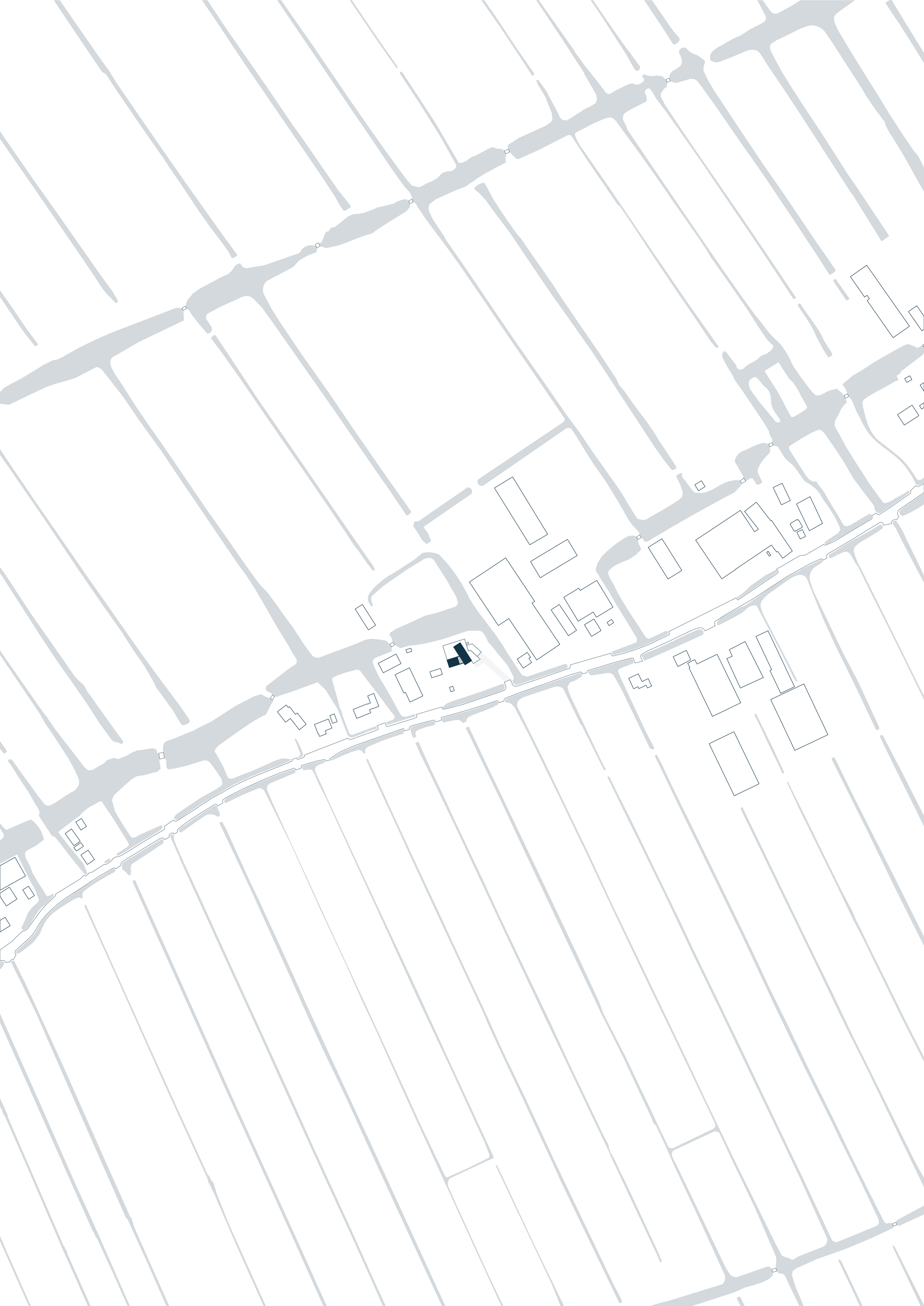 Site plan drawing showing building footprints along a diagonal street with a highlighted structure