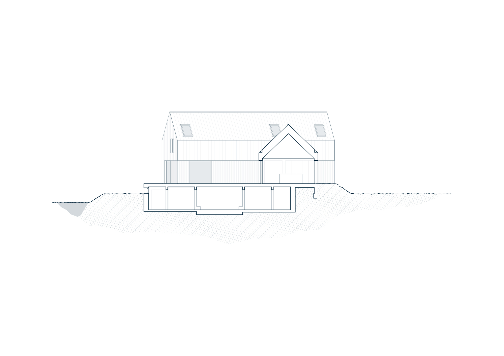 Section drawing showing gabled house form with lower level partially embedded in sloping terrain